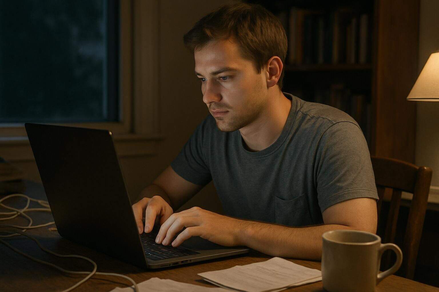 A man in his late 20s works diligently at a cluttered desk in a home office. A man in his late 20s works diligently at a cluttered desk in a home office.