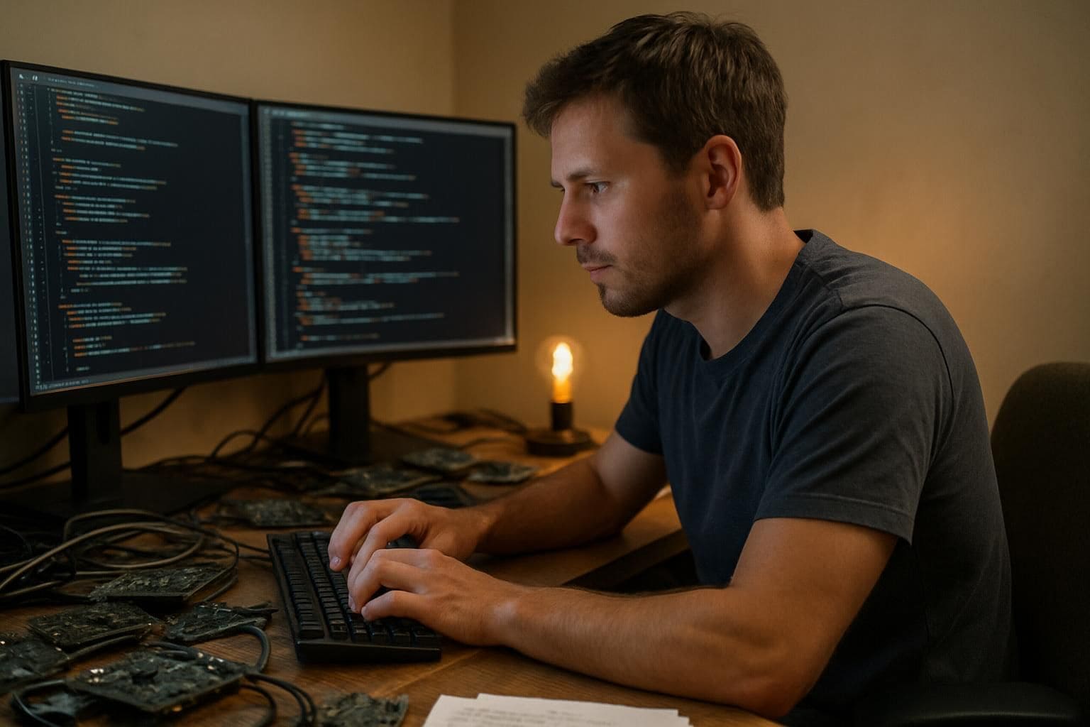 A man in his mid-30s working intensely at a cluttered desk surrounded by computer components and monitors. A man in his mid-30s working intensely at a cluttered desk surrounded by computer components and monitors.