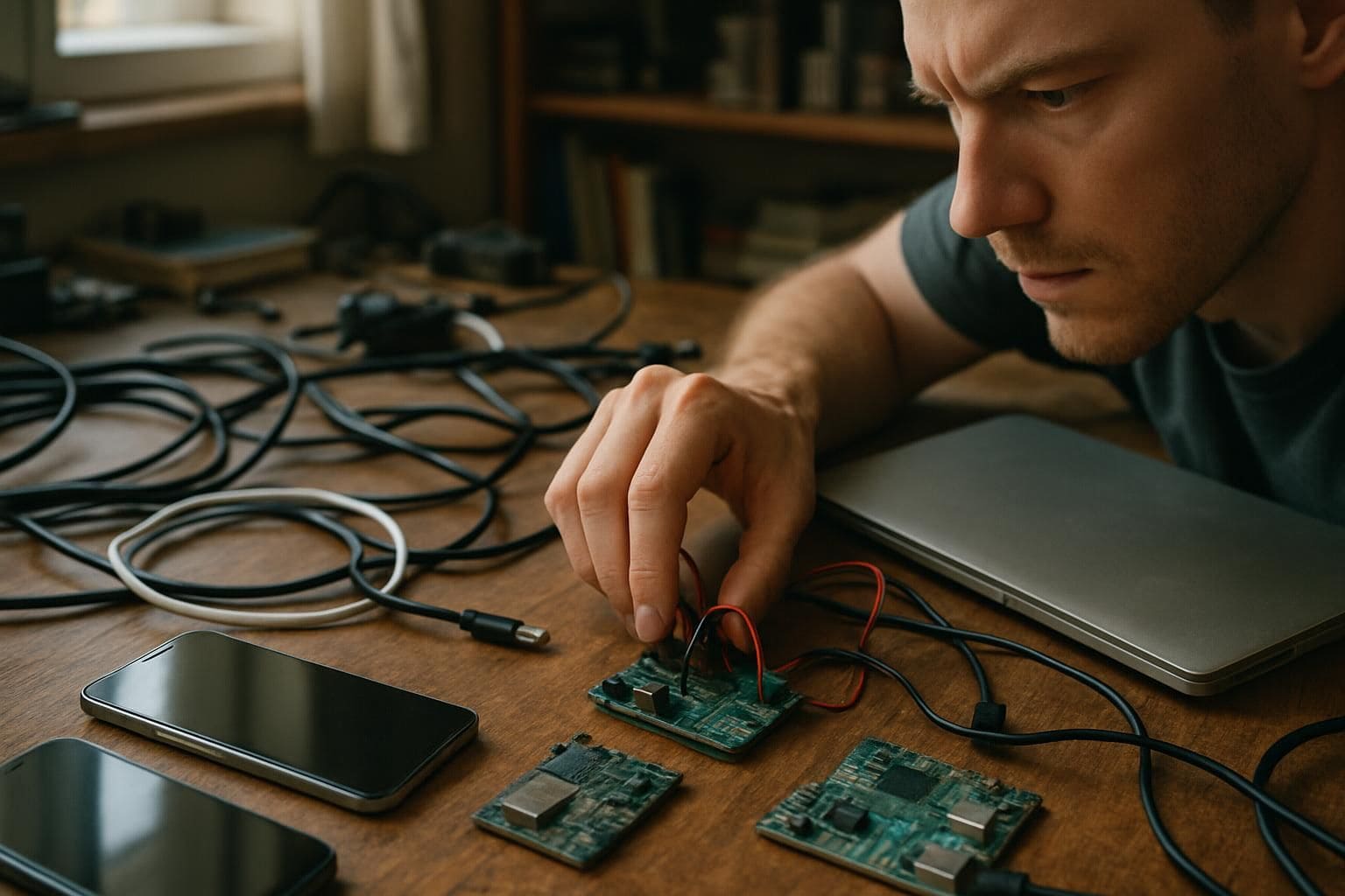 A cluttered desk with electronic gadgets, cables, and tech manuals, with a person working on a microcontroller. A cluttered desk with electronic gadgets, cables, and tech manuals, with a person working on a microcontroller.