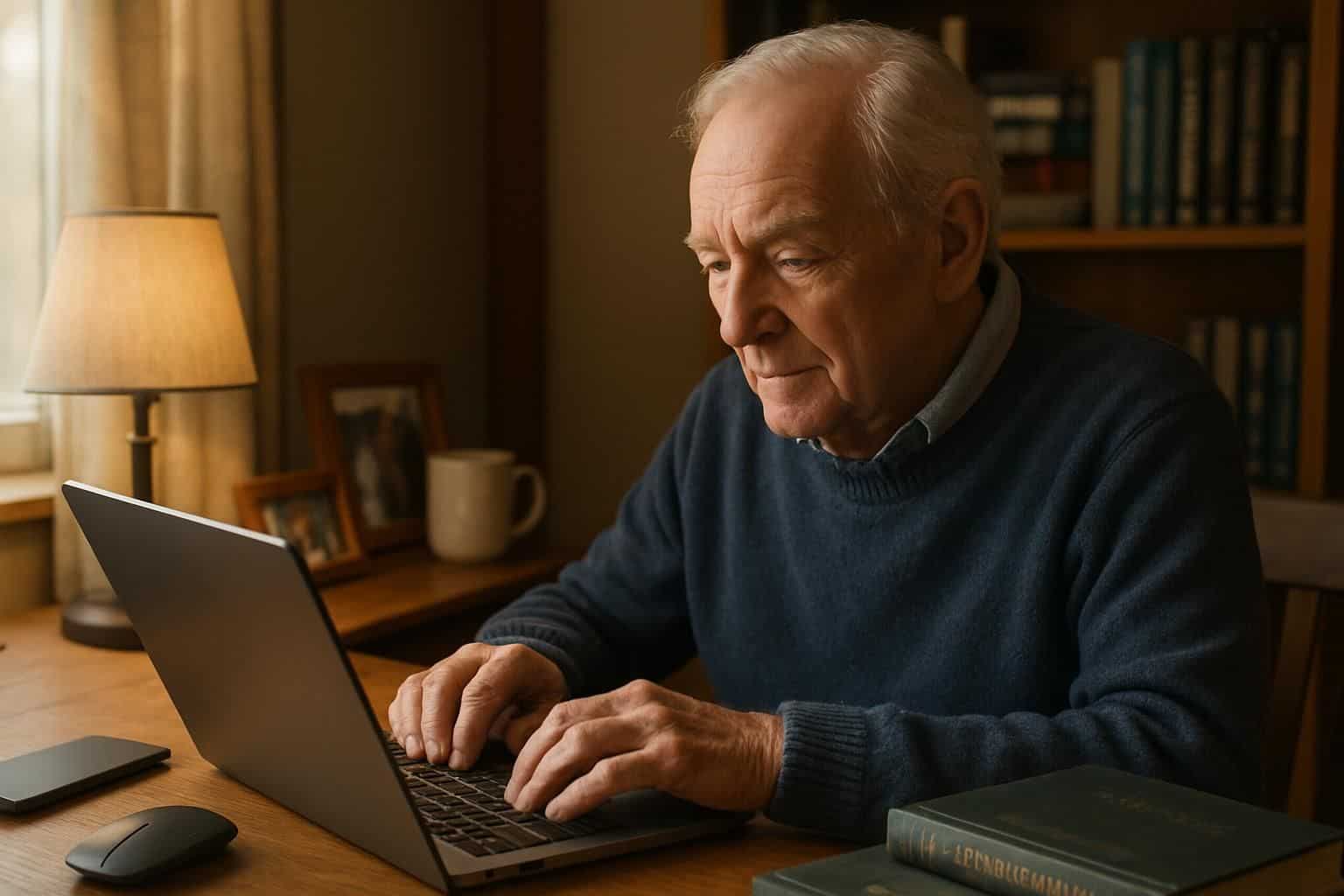 An elderly man in a cozy home office, surrounded by technology gadgets and programming books, with a warm, inviting atmosphere. An elderly man in a cozy home office, surrounded by technology gadgets and programming books, with a warm, inviting atmosphere.
