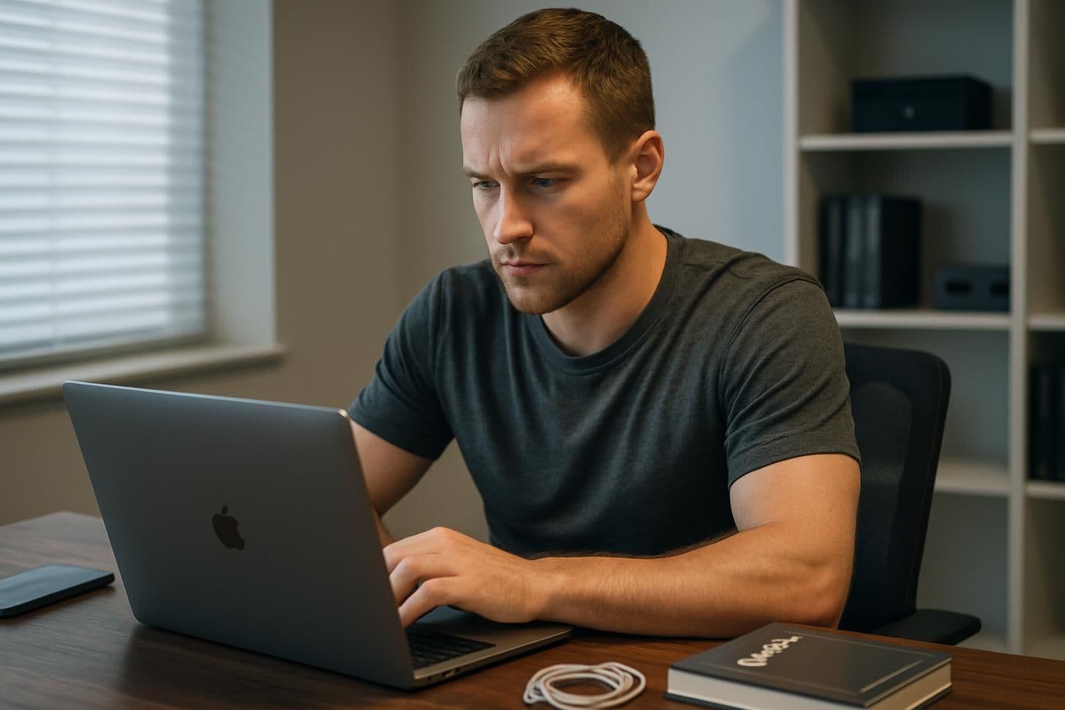A man in his 30s sits at a modern desk, deeply focused on his laptop. A man in his 30s sits at a modern desk, deeply focused on his laptop.