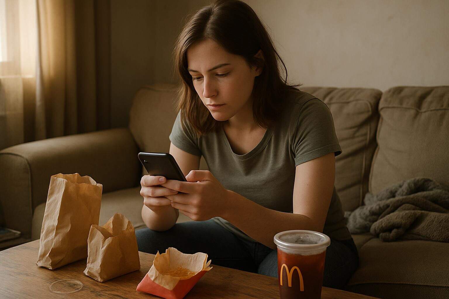 A woman in her 20s sitting on a sofa, focused on her smartphone in a cluttered living room. A woman in her 20s sitting on a sofa, focused on her smartphone in a cluttered living room.