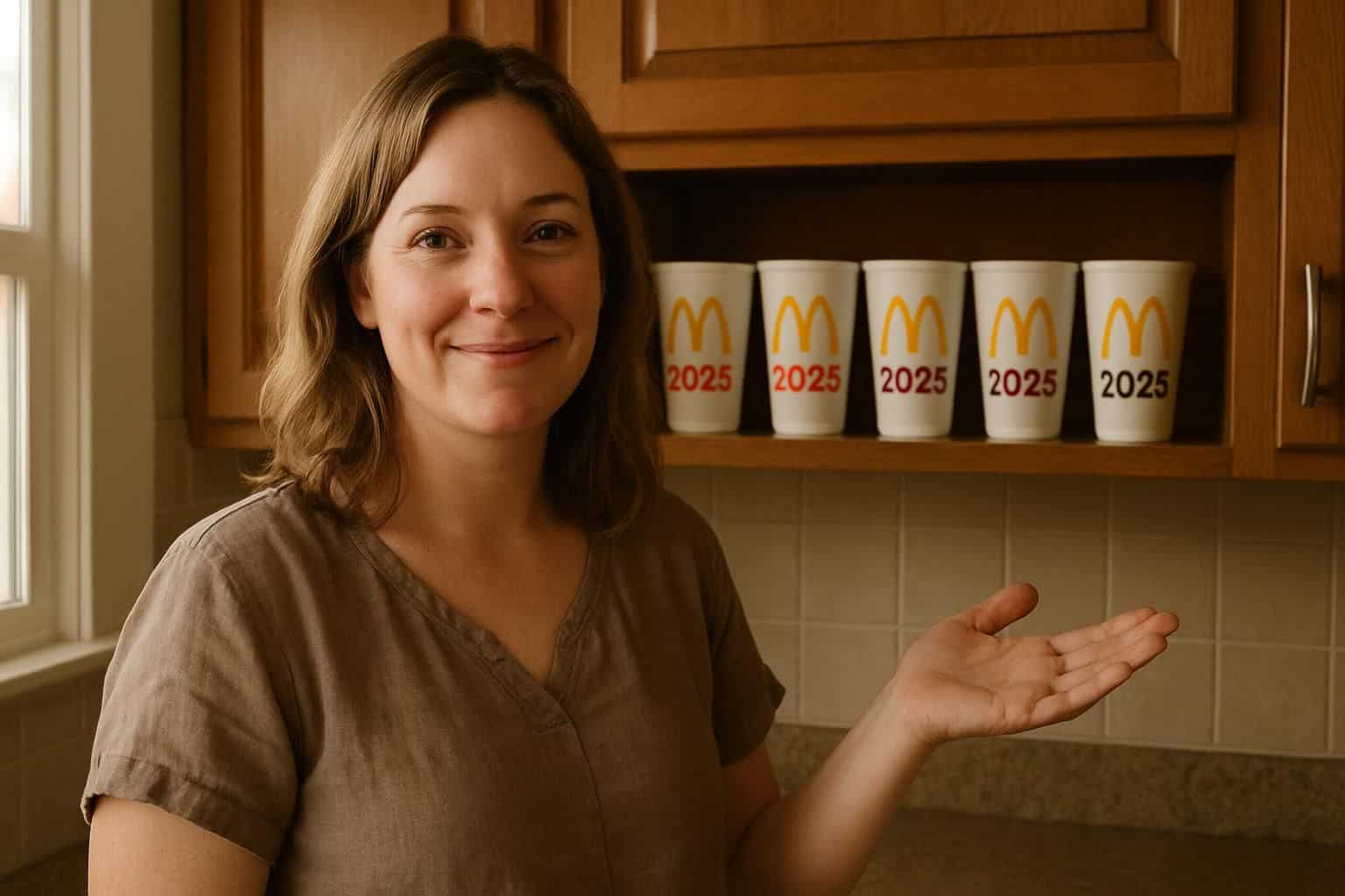 A woman in her 30s stands in a warmly lit kitchen with a display shelf behind her. A woman in her 30s stands in a warmly lit kitchen with a display shelf behind her.