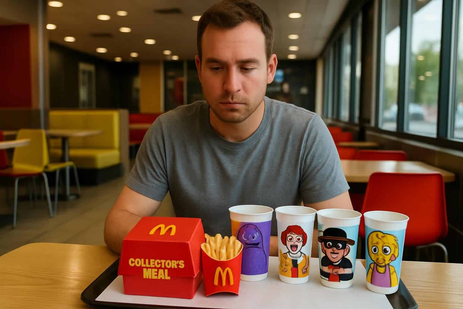 A man enjoys a McDonald's Collector's Meal in a bustling restaurant with a lively atmosphere. A man enjoys a McDonald's Collector's Meal in a bustling restaurant with a lively atmosphere.