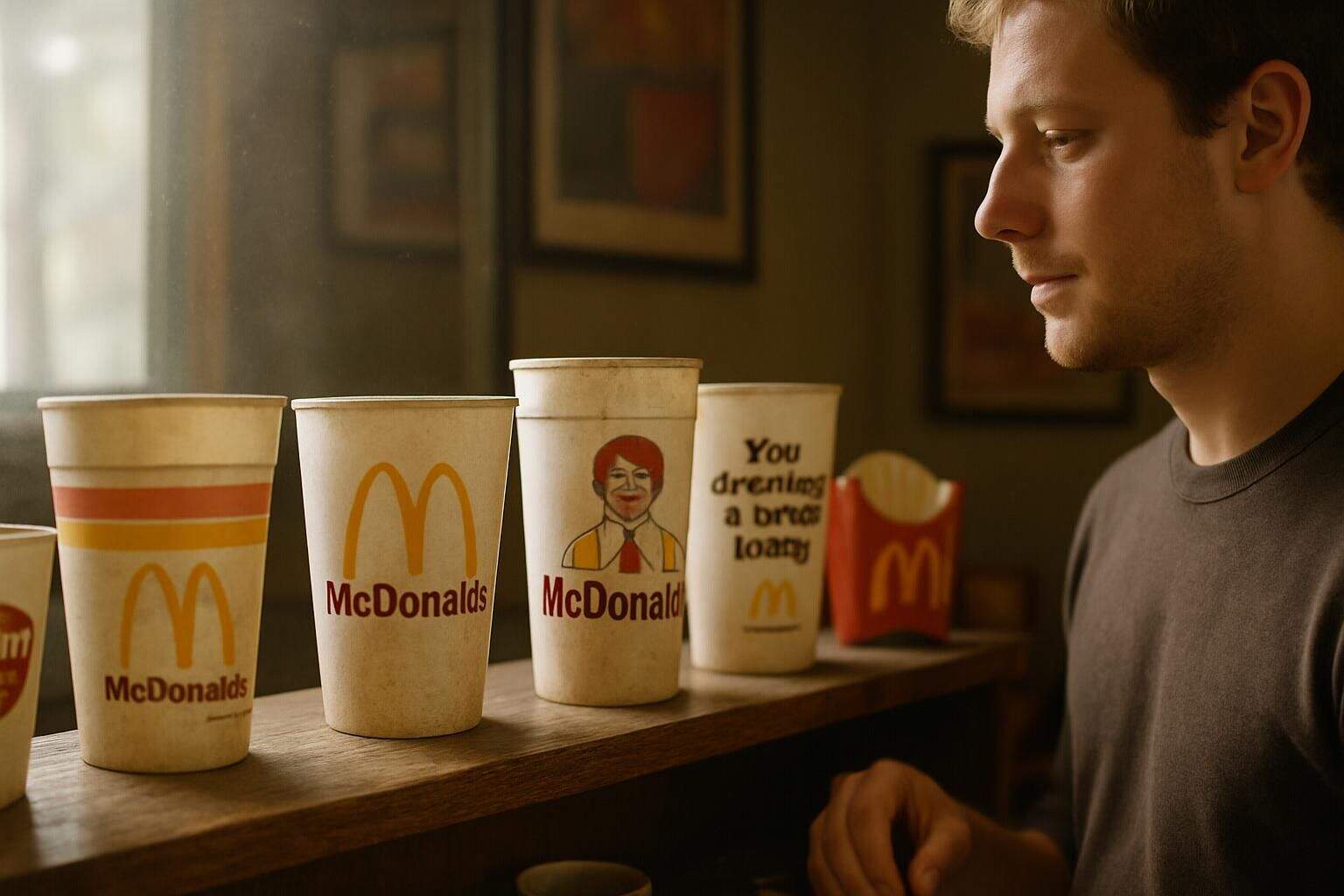 A collection of vintage McDonald's cups and fast food memorabilia displayed on a wooden shelf in a cozy, lived-in room. A collection of vintage McDonald's cups and fast food memorabilia displayed on a wooden shelf in a cozy, lived-in room.