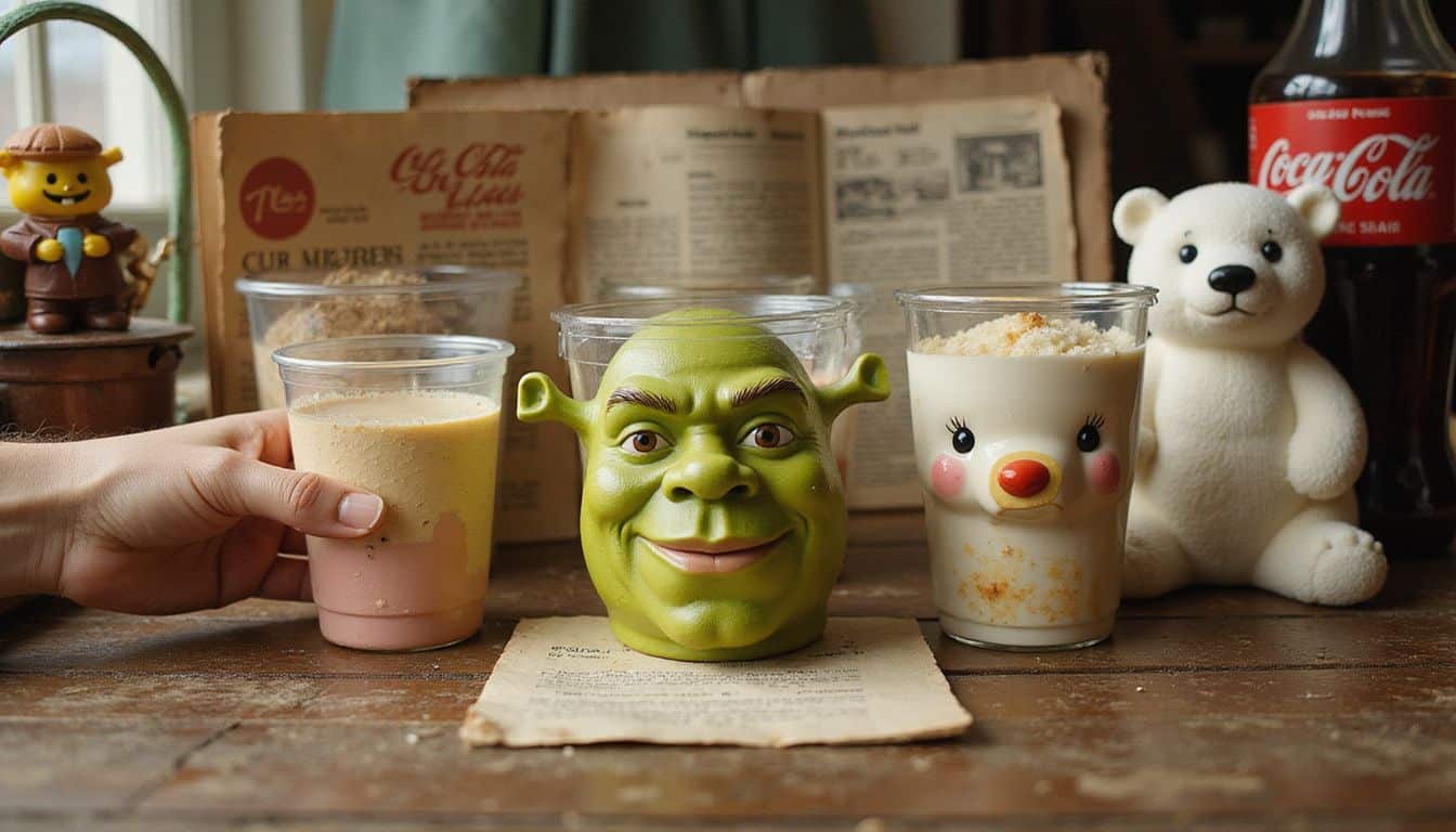 A collection of McDonald's Collector's Cups and vintage memorabilia arranged on a wooden surface. A collection of McDonald's Collector's Cups and vintage memorabilia arranged on a wooden surface.