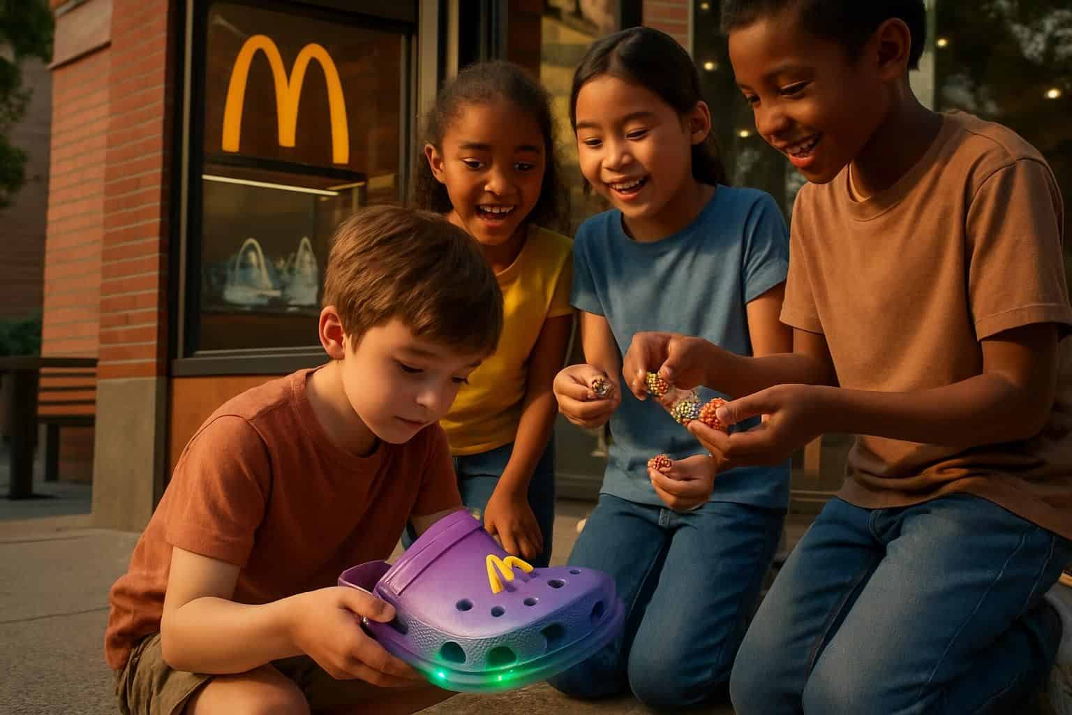 A group of diverse children gather around a boy examining a color-shifting McDonald’s Croc shoe. A group of diverse children gather around a boy examining a color-shifting McDonald’s Croc shoe.