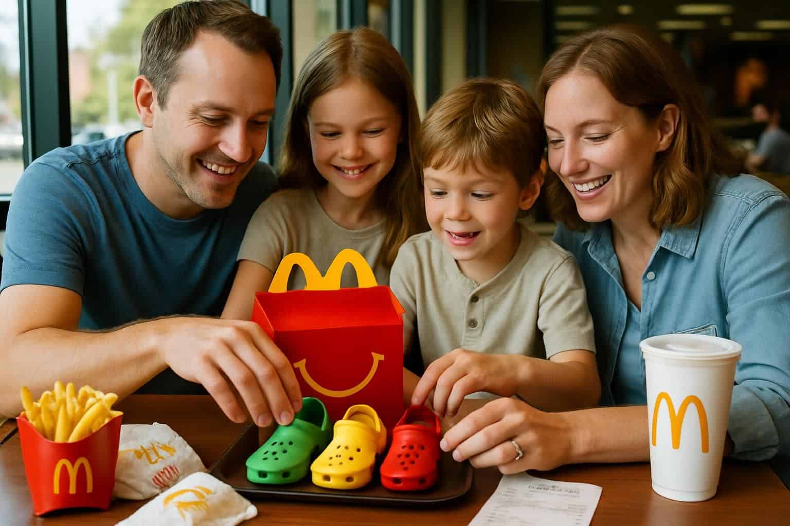 A family of four excitedly enjoys a McDonald's Happy Meal with Crocs-themed toys. A family of four excitedly enjoys a McDonald's Happy Meal with Crocs-themed toys.