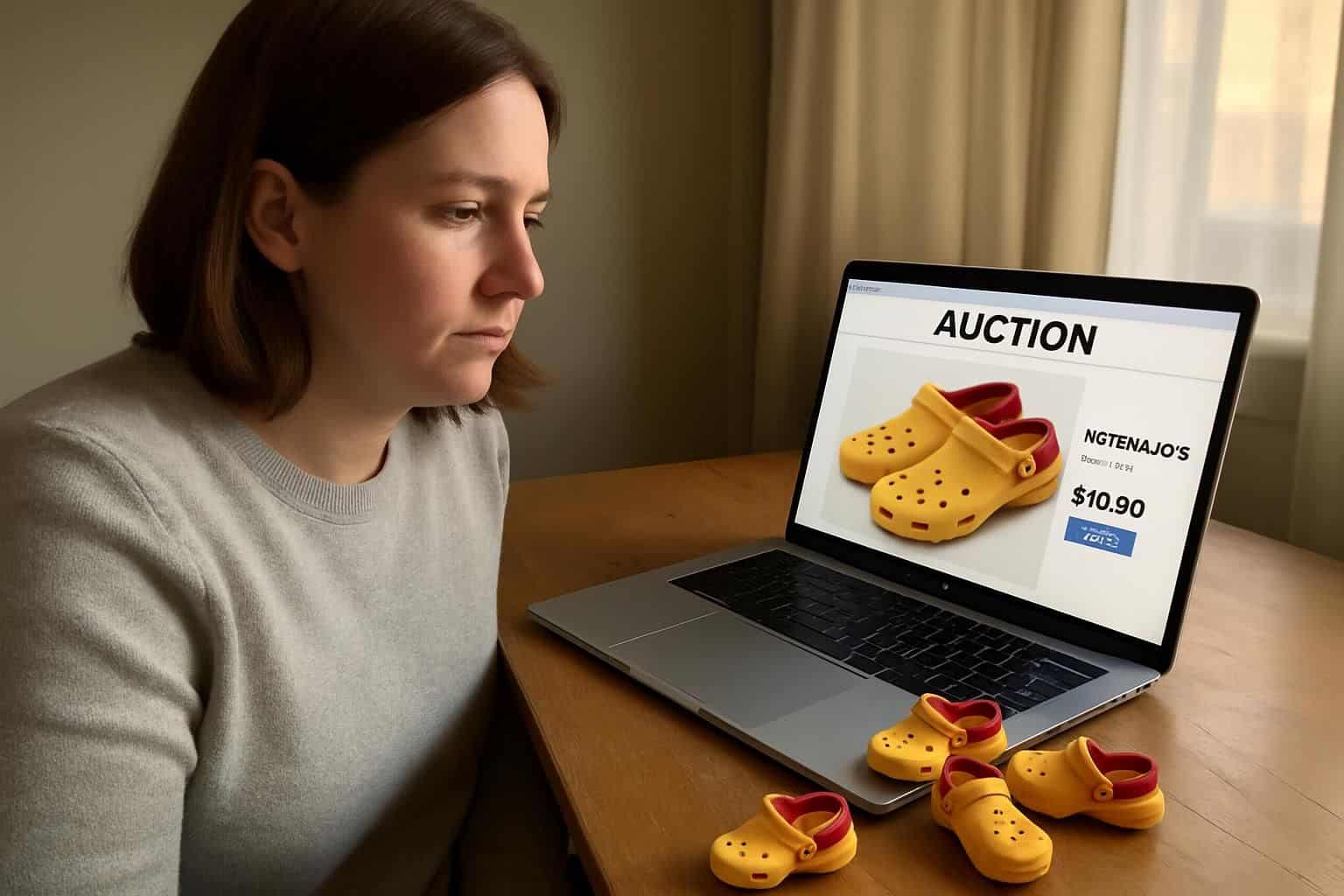 A woman in her 30s sits at a wooden desk, focused on an auction website on her laptop. A woman in her 30s sits at a wooden desk, focused on an auction website on her laptop.