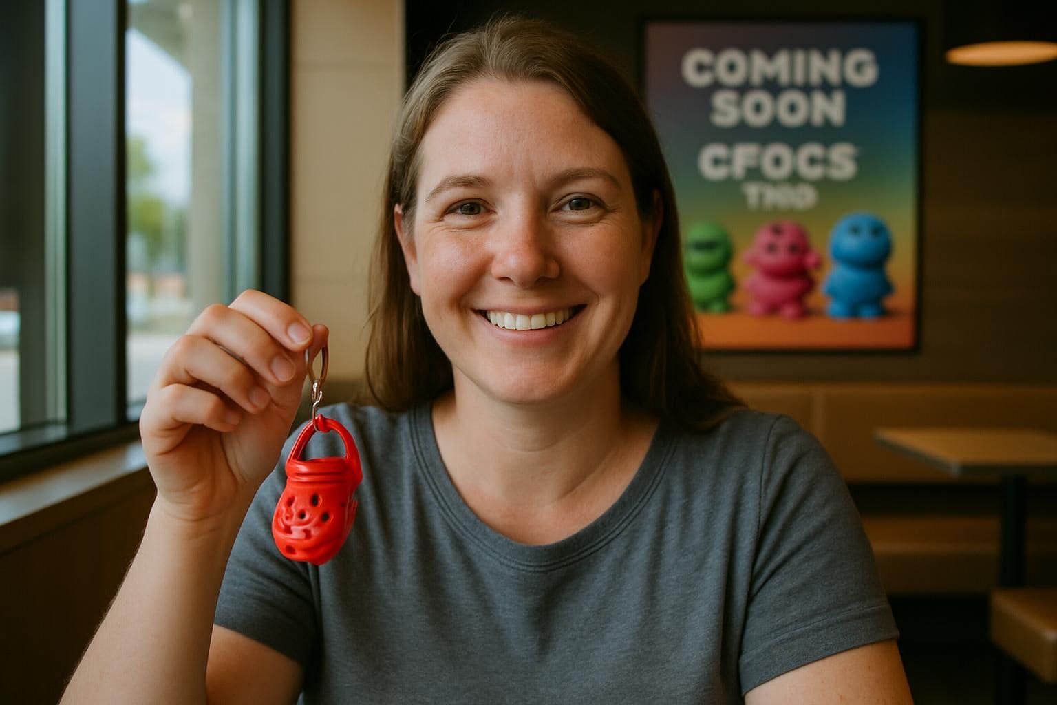 A woman with a warm smile holds a colorful Crocs keychain inside a McDonald's restaurant. A woman with a warm smile holds a colorful Crocs keychain inside a McDonald's restaurant.