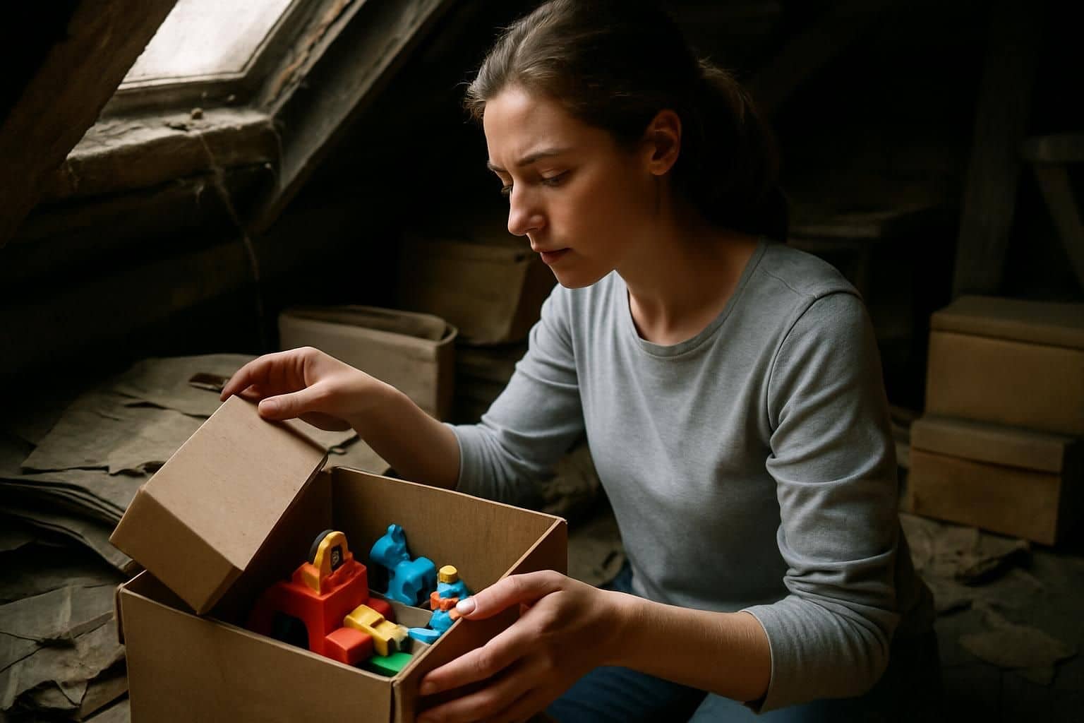 A woman in her 30s sifts through dusty attic boxes, revealing vintage Happy Meal toys. A woman in her 30s sifts through dusty attic boxes, revealing vintage Happy Meal toys.
