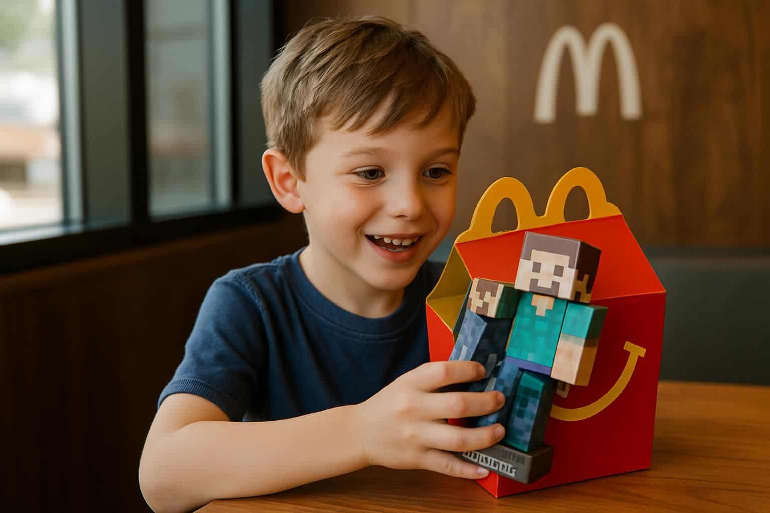 A 7-year-old boy happily unwraps a Minecraft toy from a McDonald's Happy Meal box. A 7-year-old boy happily unwraps a Minecraft toy from a McDonald's Happy Meal box.