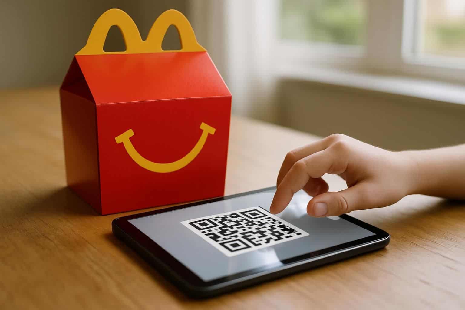 A child's hand taps a digital tablet displaying a Minecraft game next to a McDonald's Happy Meal box. A child's hand taps a digital tablet displaying a Minecraft game next to a McDonald's Happy Meal box.