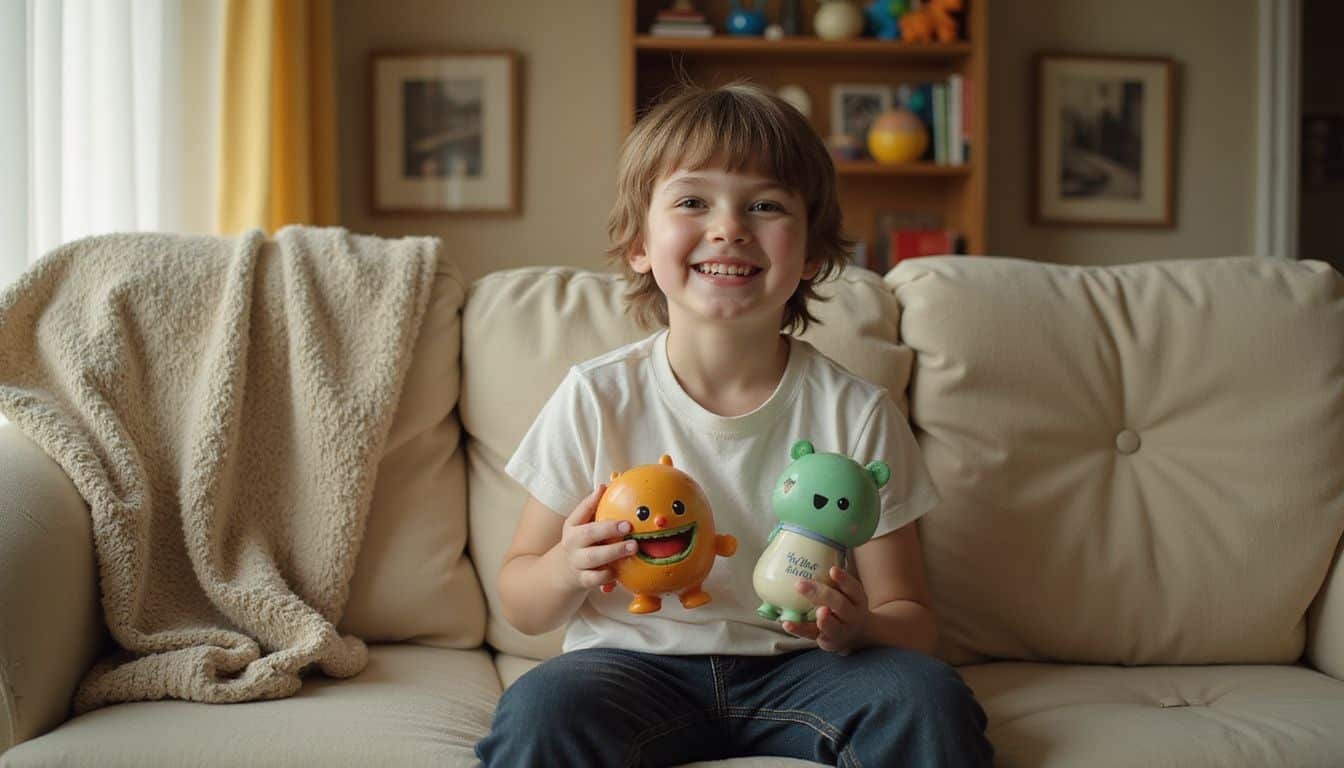 An 8-year-old child sits on a cozy sofa, smiling while holding a vintage Happy Meal toy. An 8-year-old child sits on a cozy sofa, smiling while holding a vintage Happy Meal toy.