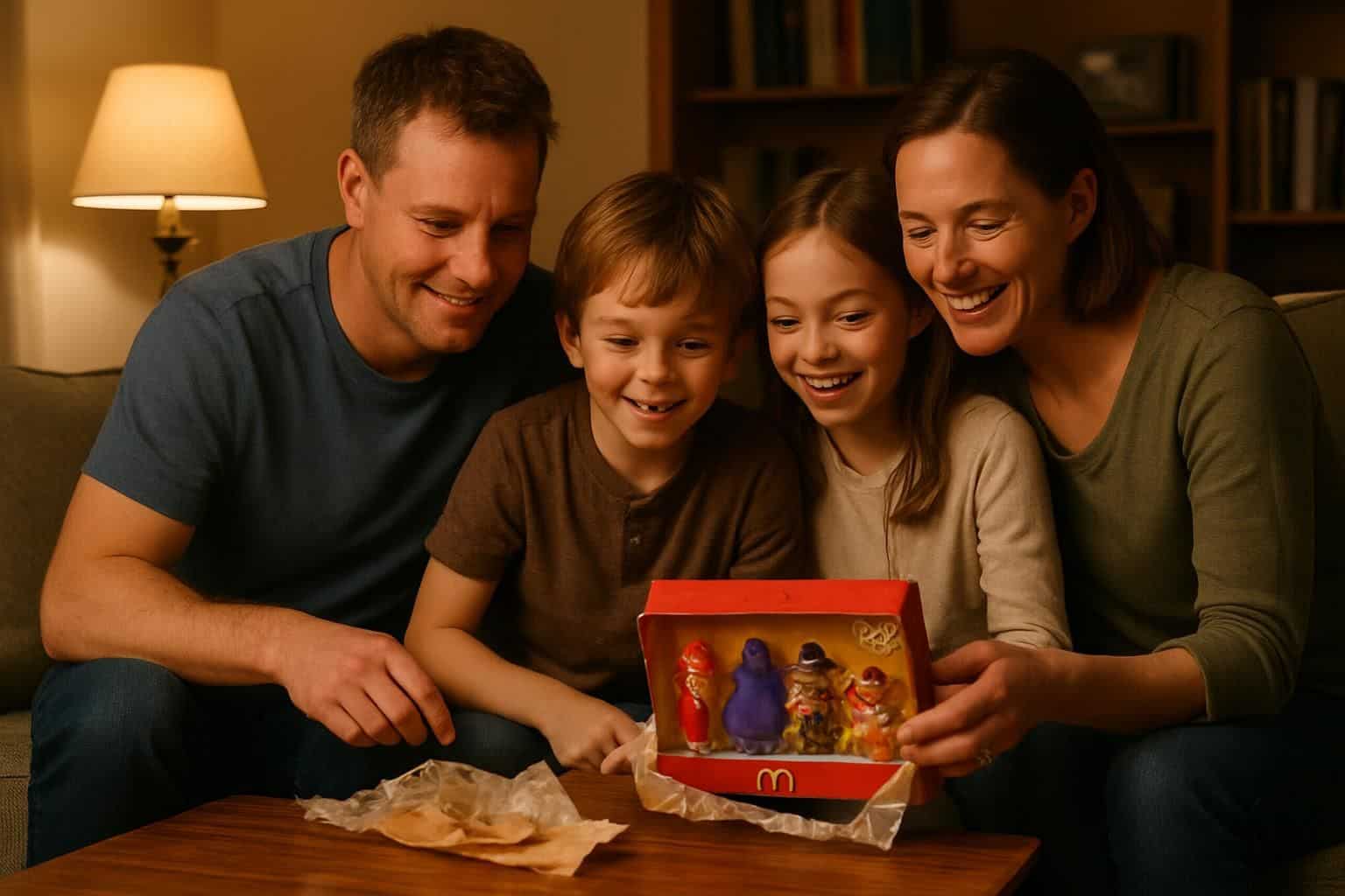 A family of four sits on a cozy sofa, unwrapping a limited edition McDonald's toy set. A family of four sits on a cozy sofa, unwrapping a limited edition McDonald's toy set.