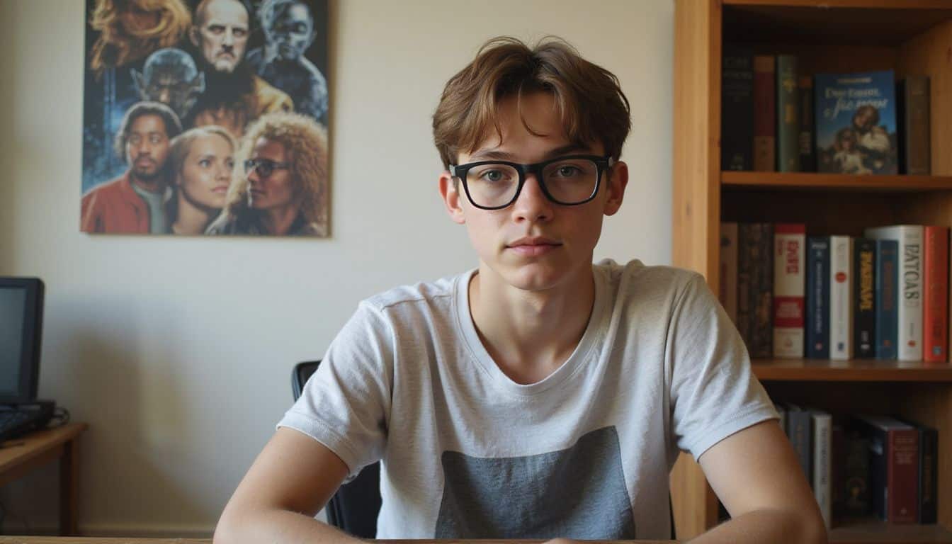 A teenage boy sits at a computer desk, surrounded by science fiction memorabilia and classic novels. A teenage boy sits at a computer desk, surrounded by science fiction memorabilia and classic novels.