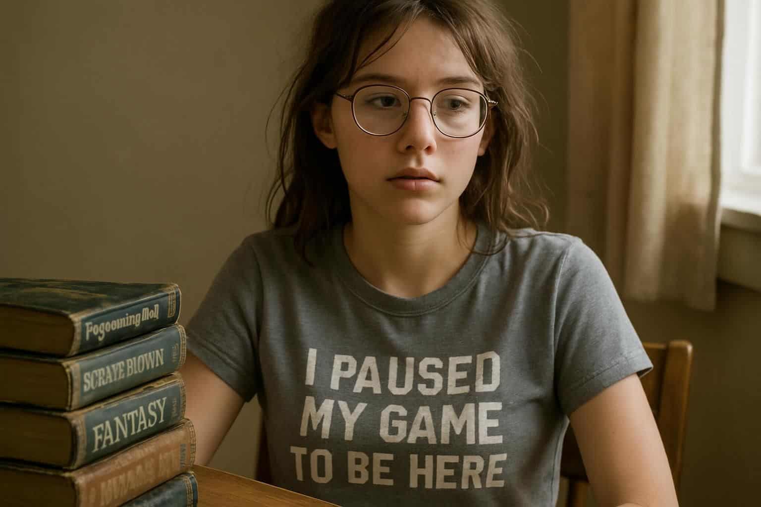 A teenage girl sits at a cluttered desk with coding and science fiction books, wearing glasses and a tech-themed T-shirt. A teenage girl sits at a cluttered desk with coding and science fiction books, wearing glasses and a tech-themed T-shirt.