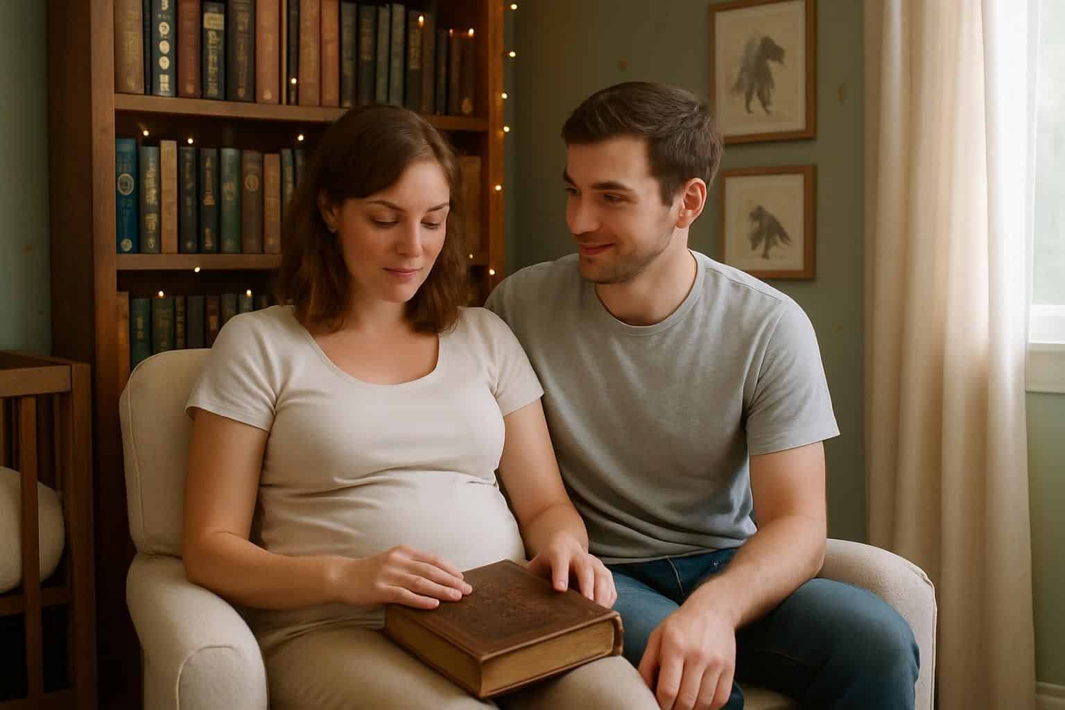 A couple sits in a cozy nursery surrounded by books, discussing baby names in a warm, tranquil atmosphere. A couple sits in a cozy nursery surrounded by books, discussing baby names in a warm, tranquil atmosphere.