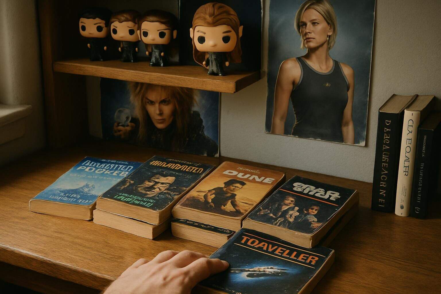 A cluttered oak desk with sci-fi novels, RPG manuals, movie posters, and Funko Pop figures. A cluttered oak desk with sci-fi novels, RPG manuals, movie posters, and Funko Pop figures.