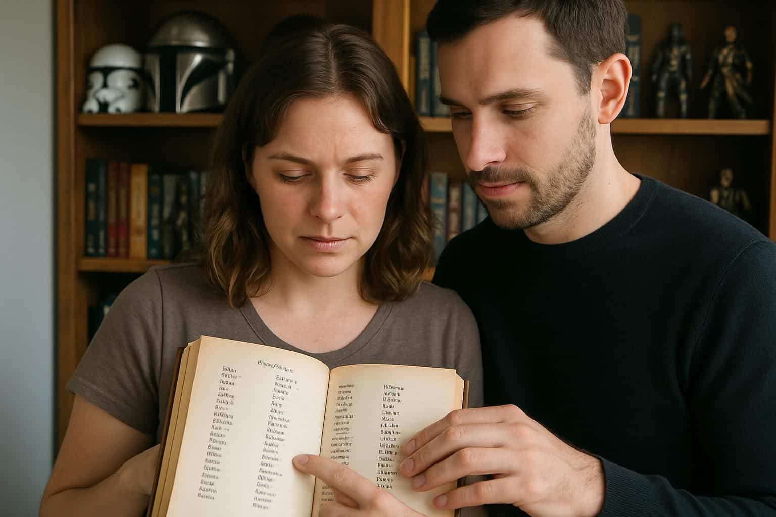 A couple explores unusual unisex names in a cozy, book-filled study. A couple explores unusual unisex names in a cozy, book-filled study.