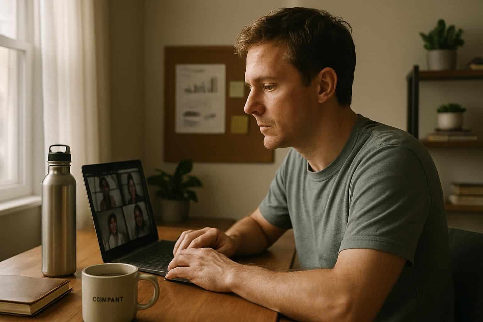 A person in a home office, engaged in a virtual team meeting with a laptop. A person in a home office, engaged in a virtual team meeting with a laptop.