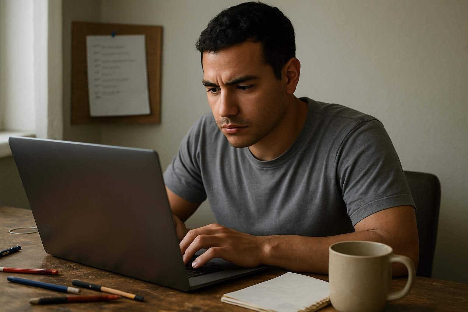 A new developer sits at cluttered desk, focused on laptop, surrounded by office supplies. A new developer sits at cluttered desk, focused on laptop, surrounded by office supplies.