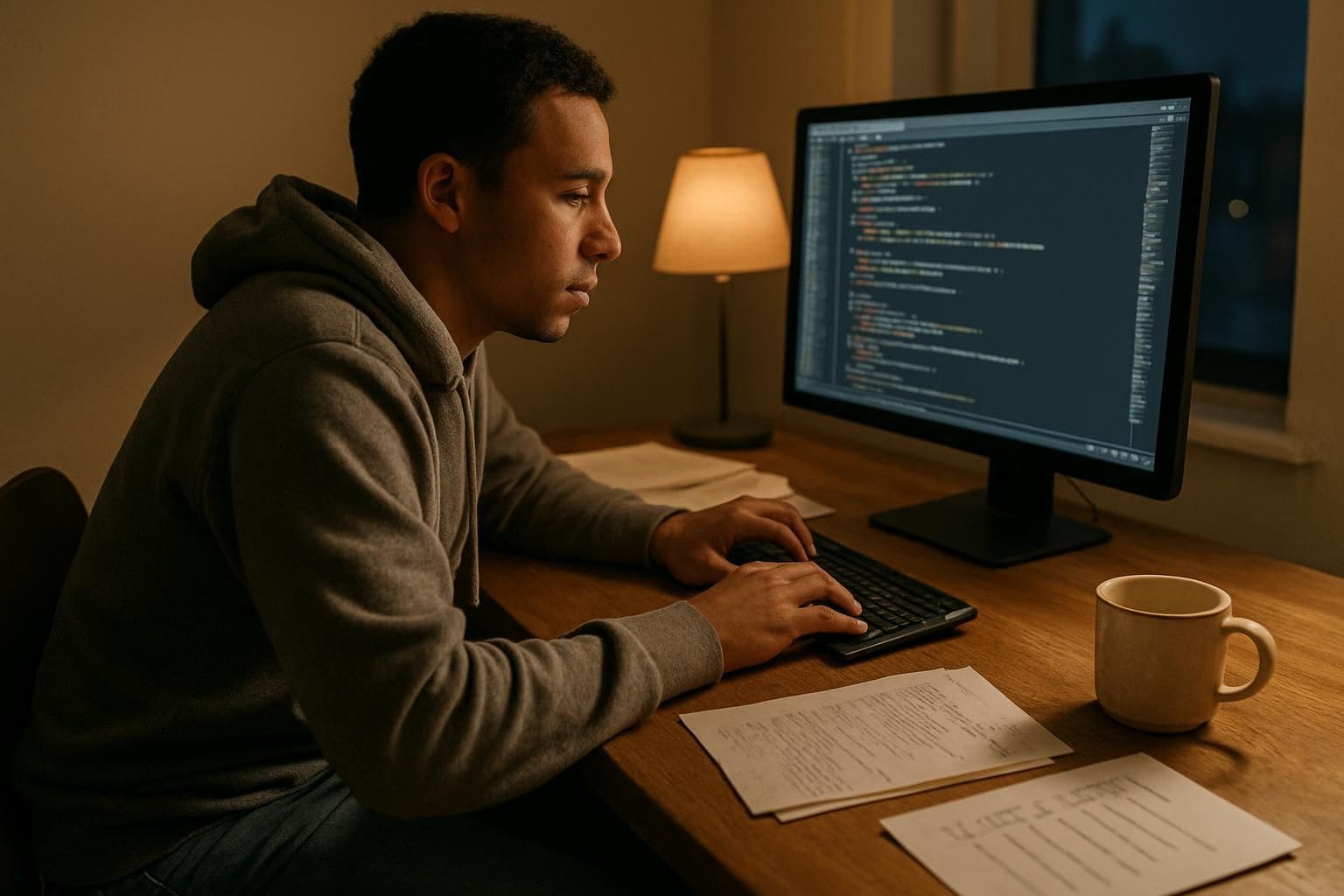 A young developer sits at a wooden desk in a softly lit room, focused on their late-night work. A young developer sits at a wooden desk in a softly lit room, focused on their late-night work.