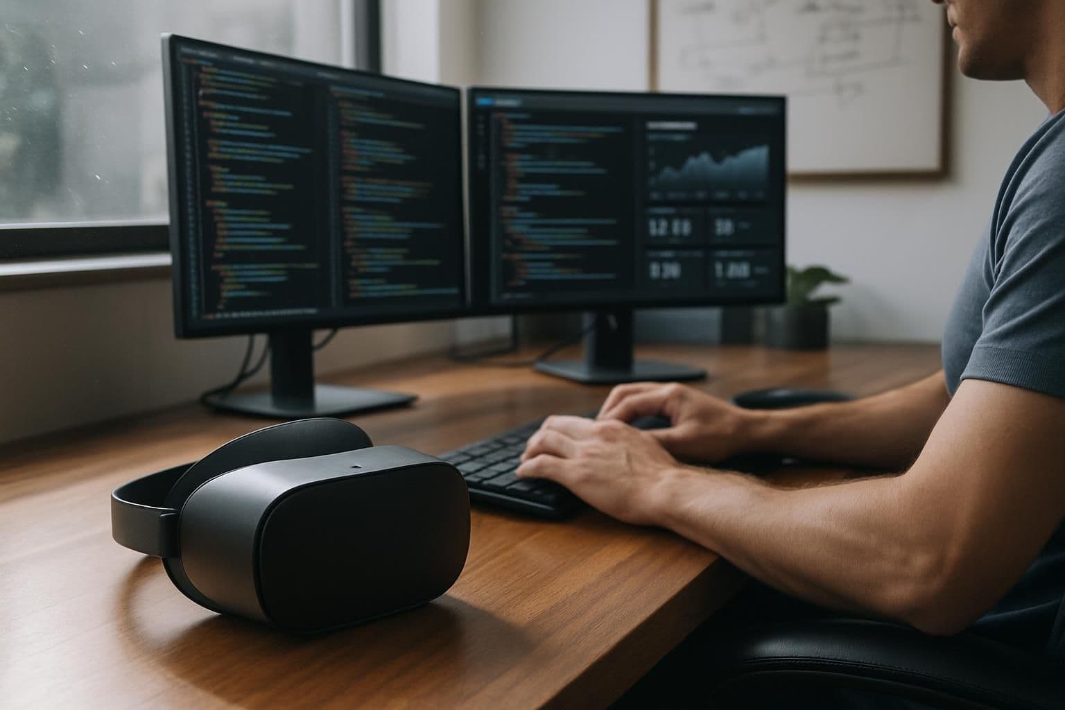 A modern workspace with a VR headset, developer's hands on a keyboard, and advanced technology. A modern workspace with a VR headset, developer's hands on a keyboard, and advanced technology.