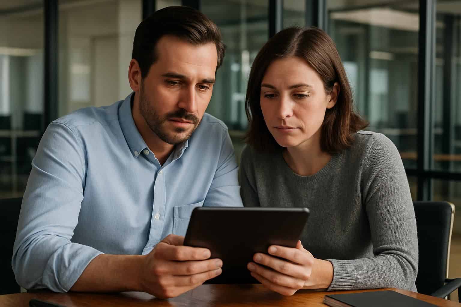 A man and woman in their 30s sit closely together in a modern office, focused on a tablet. A man and woman in their 30s sit closely together in a modern office, focused on a tablet.