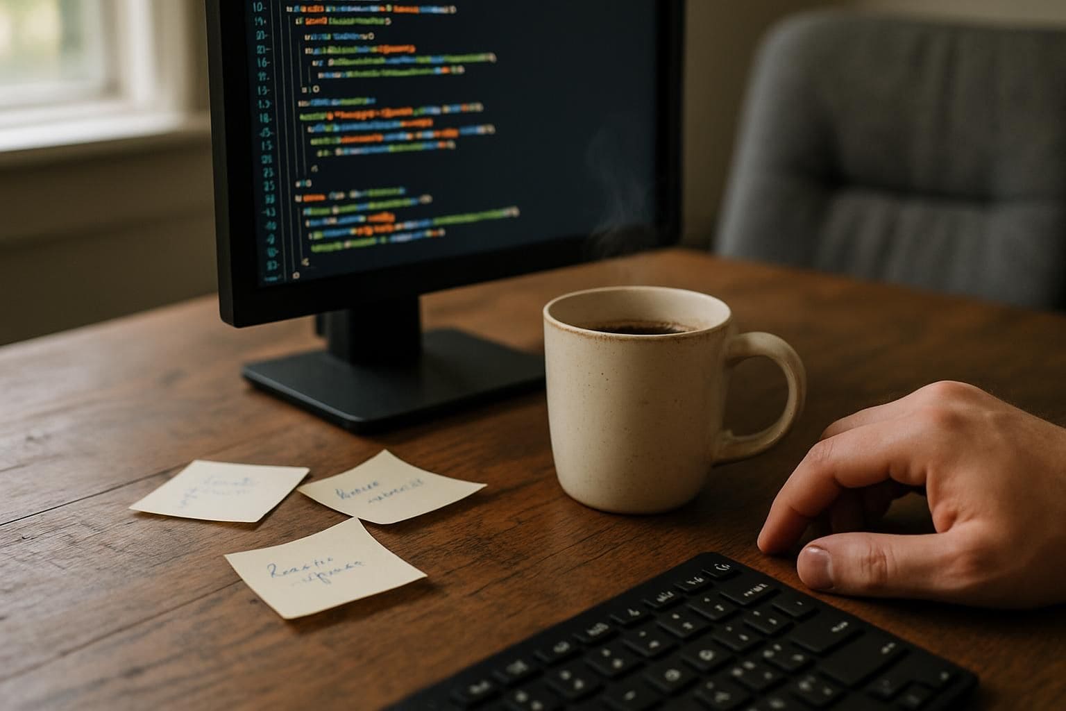 A cluttered wooden desk with a computer, coffee mug, and handwritten notes in a cozy home office. A cluttered wooden desk with a computer, coffee mug, and handwritten notes in a cozy home office.