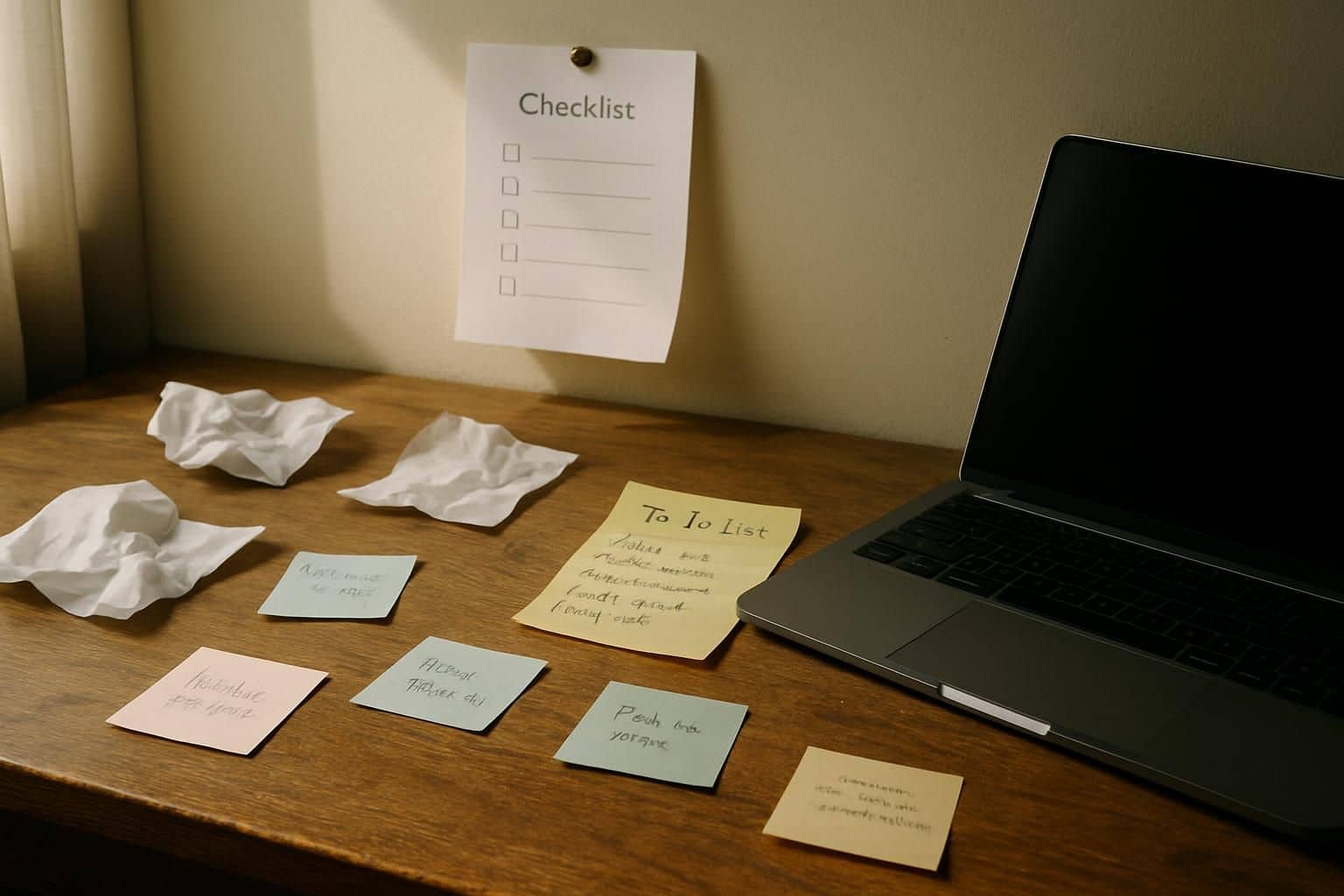 A cluttered desk with crumpled papers, post-it notes, and a half-open laptop in soft natural light. A cluttered desk with crumpled papers, post-it notes, and a half-open laptop in soft natural light.
