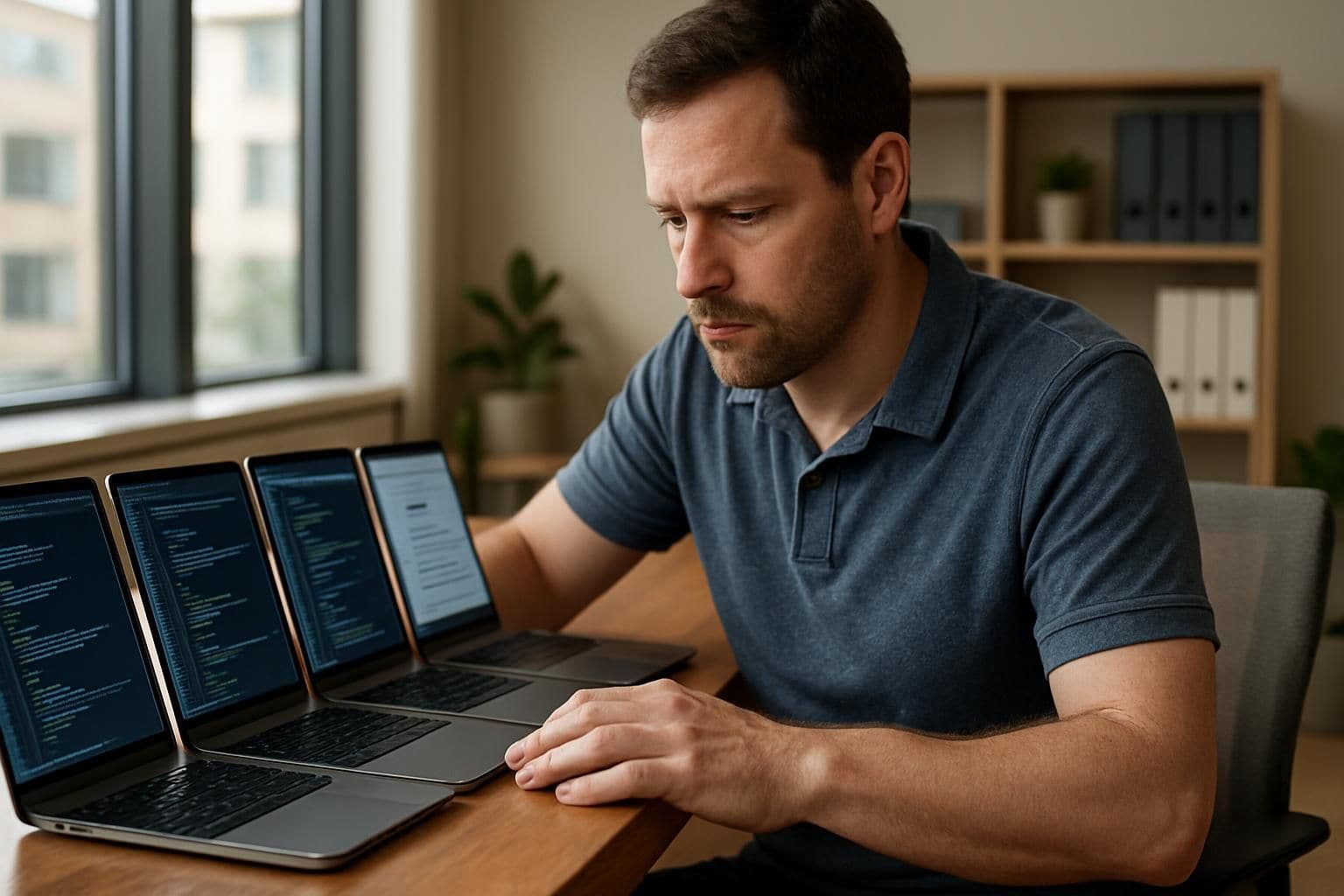 An IT professional arranges laptops in a modern office with code editors on the screens. An IT professional arranges laptops in a modern office with code editors on the screens.