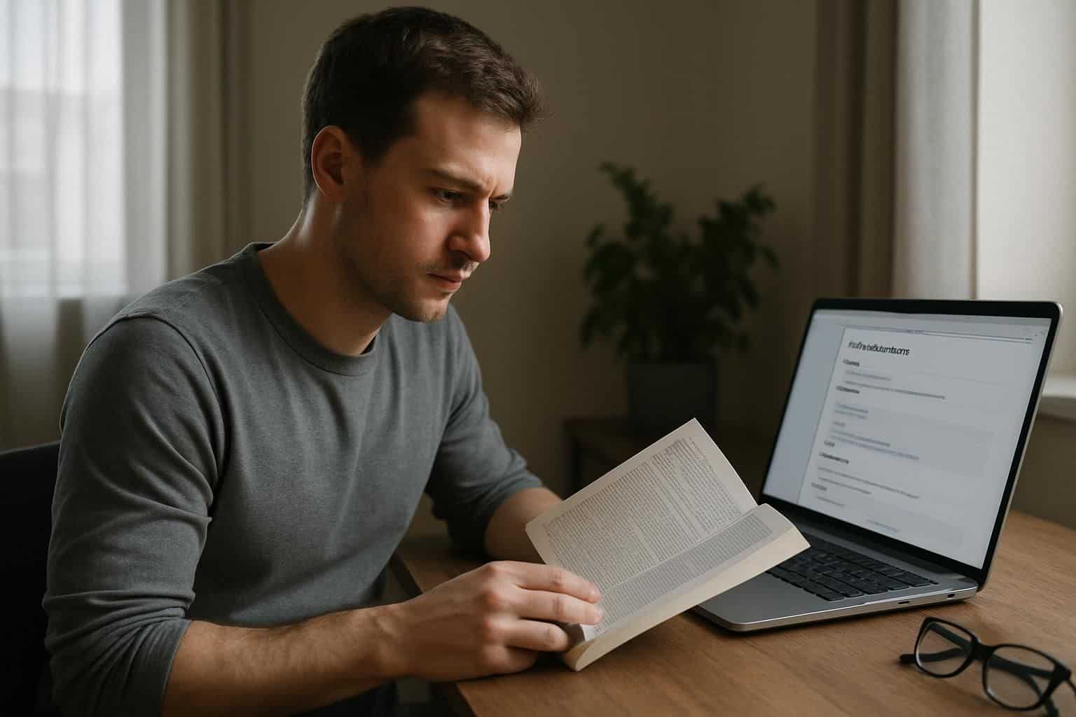 A man in a home office, focused on reading coding style guide and working on a laptop. A man in a home office, focused on reading coding style guide and working on a laptop.