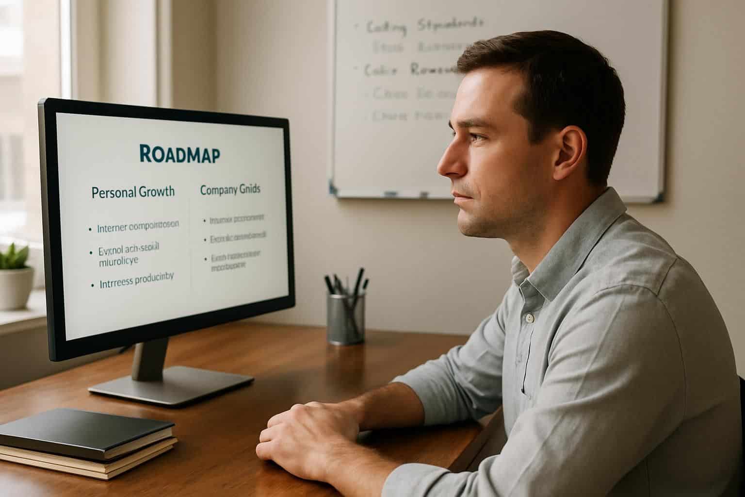 A focused man sits at a clean desk, working on personal and company goals. A focused man sits at a clean desk, working on personal and company goals.