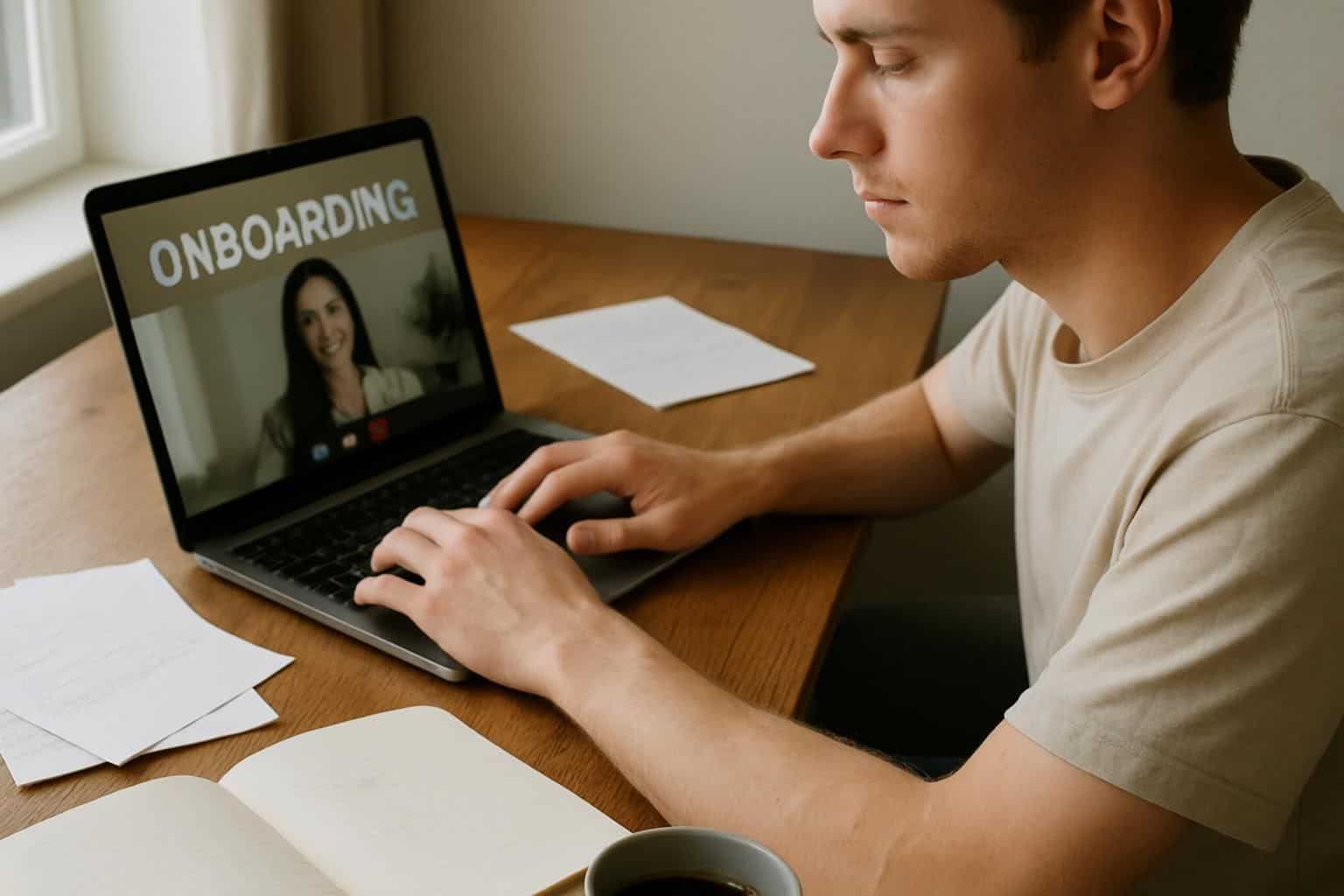 A person in their mid-20s engaging in a virtual onboarding session in a home office.
