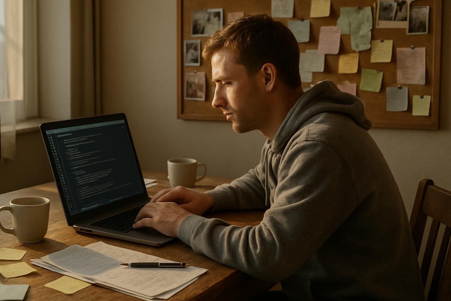 A man in his 30s works on a laptop in a cluttered home office filled with personal mementos and handwritten notes. A man in his 30s works on a laptop in a cluttered home office filled with personal mementos and handwritten notes.