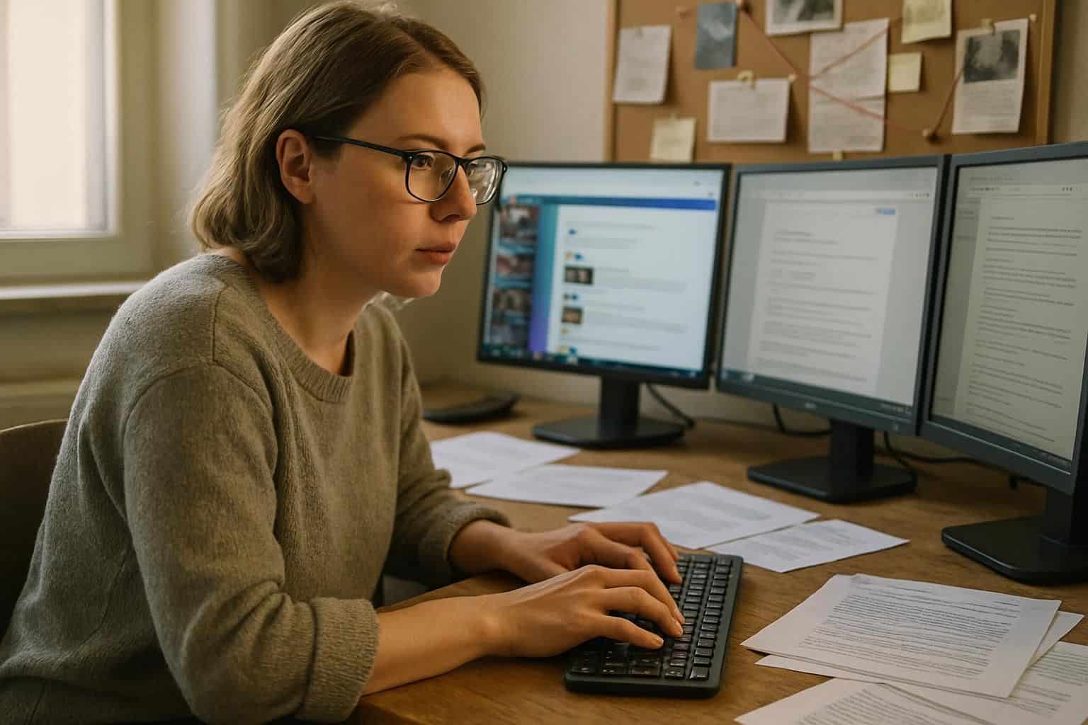A woman in her 30s sits at a cluttered desk, working on three computer monitors. A woman in her 30s sits at a cluttered desk, working on three computer monitors.