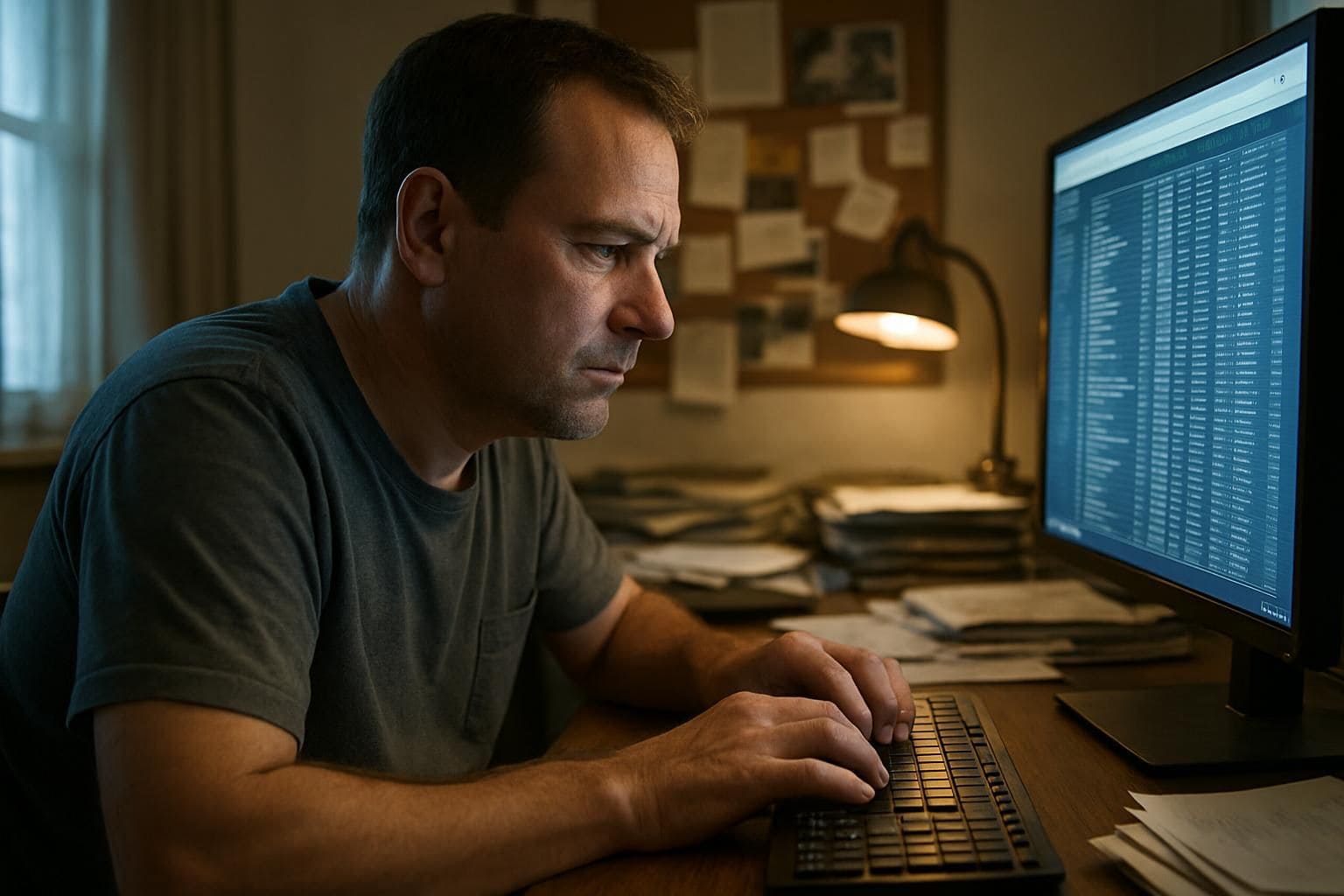 A man sits in a cluttered home office, focused on his computer, immersed in an investigation. A man sits in a cluttered home office, focused on his computer, immersed in an investigation.