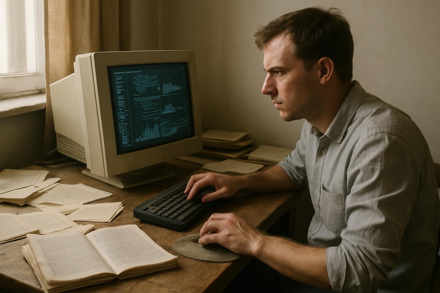 A man works on a cluttered desk in a home office with a computer displaying complex data. A man works on a cluttered desk in a home office with a computer displaying complex data.