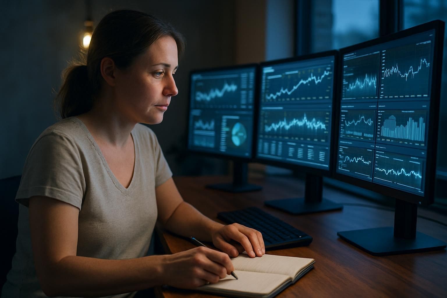 A woman in her 30s sits at a modern desk, focused on work displayed on multiple screens. A woman in her 30s sits at a modern desk, focused on work displayed on multiple screens.