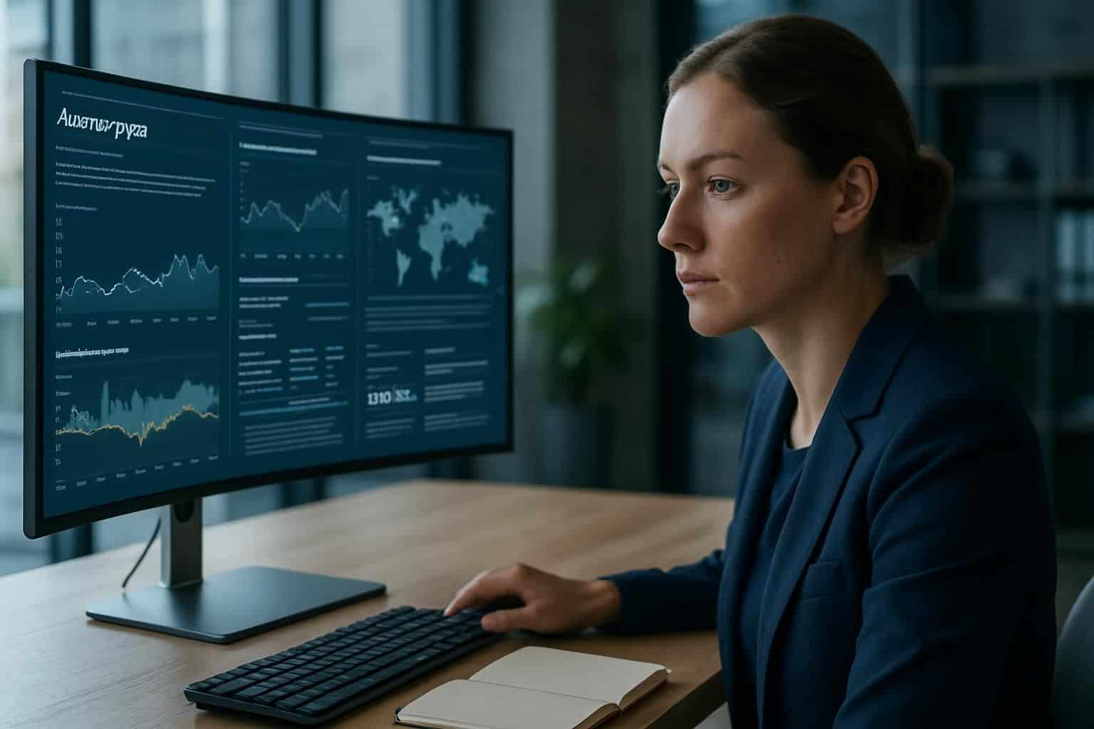 A focused analyst studies multilingual data visualizations and cyber threat insights in a modern office. A focused analyst studies multilingual data visualizations and cyber threat insights in a modern office.