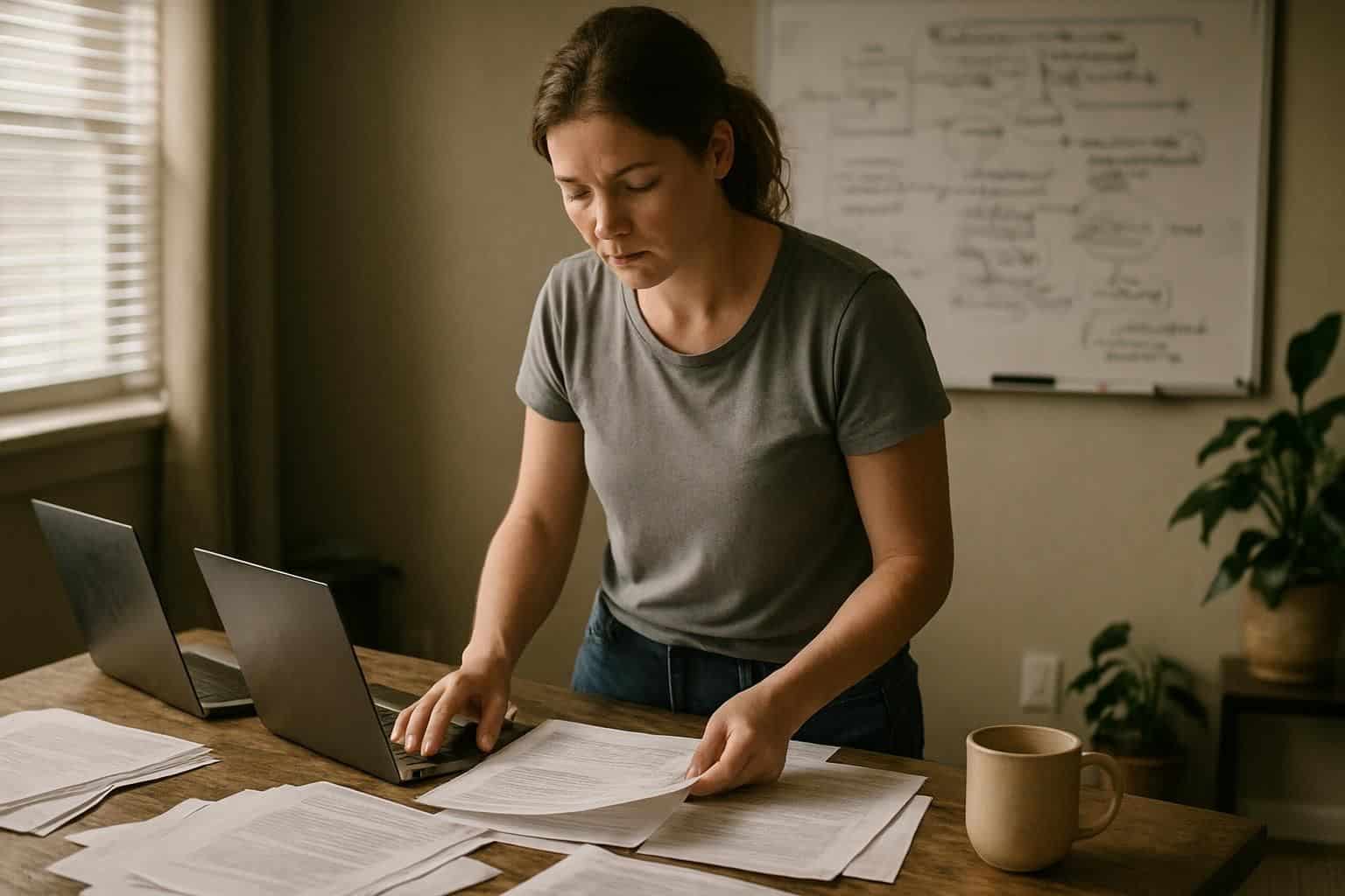 A woman in her mid-30s works diligently in her cluttered home office, reviewing documents and diagrams. A woman in her mid-30s works diligently in her cluttered home office, reviewing documents and diagrams.