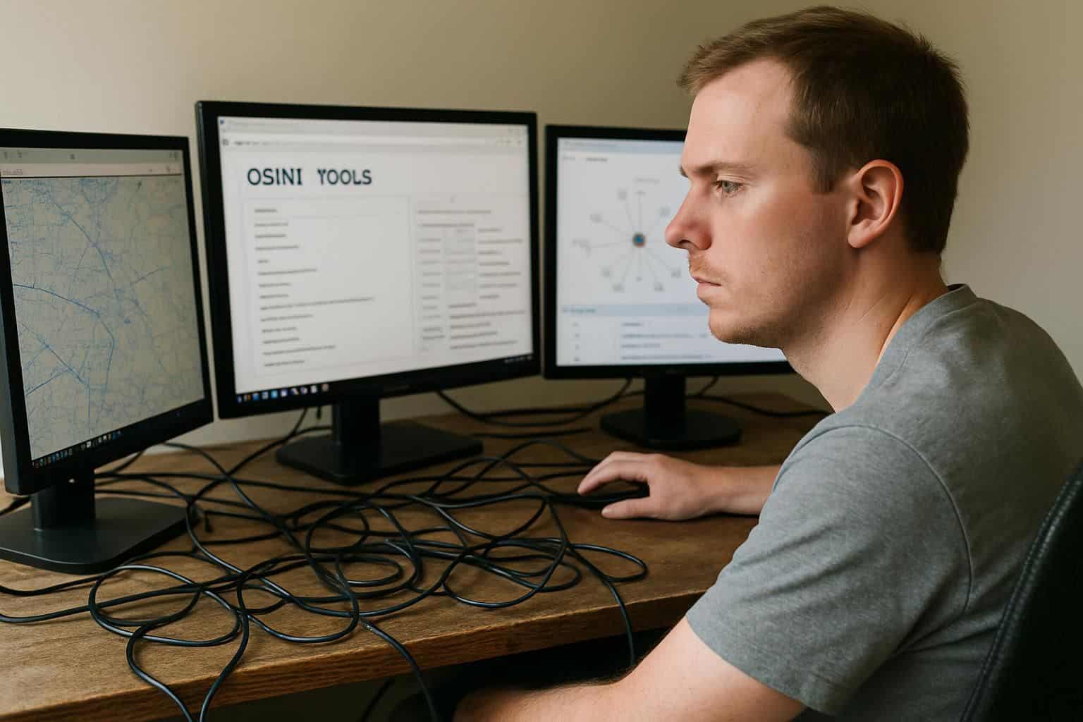 A man is working on three monitors displaying open-source intelligence tools on a cluttered desk. A man is working on three monitors displaying open-source intelligence tools on a cluttered desk.