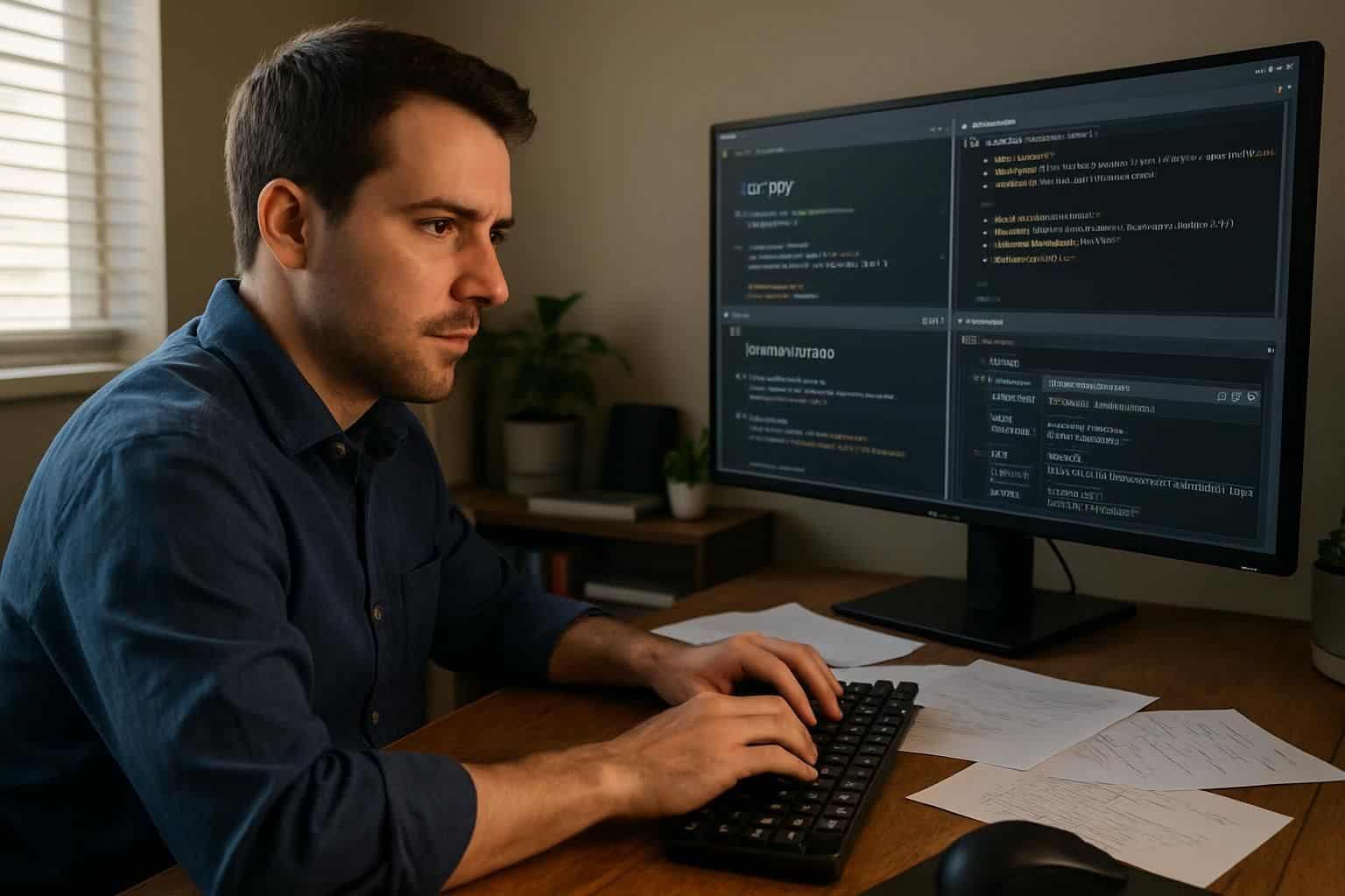 A man in his 30s, focused on web scraping and programming in his home office. A man in his 30s, focused on web scraping and programming in his home office.