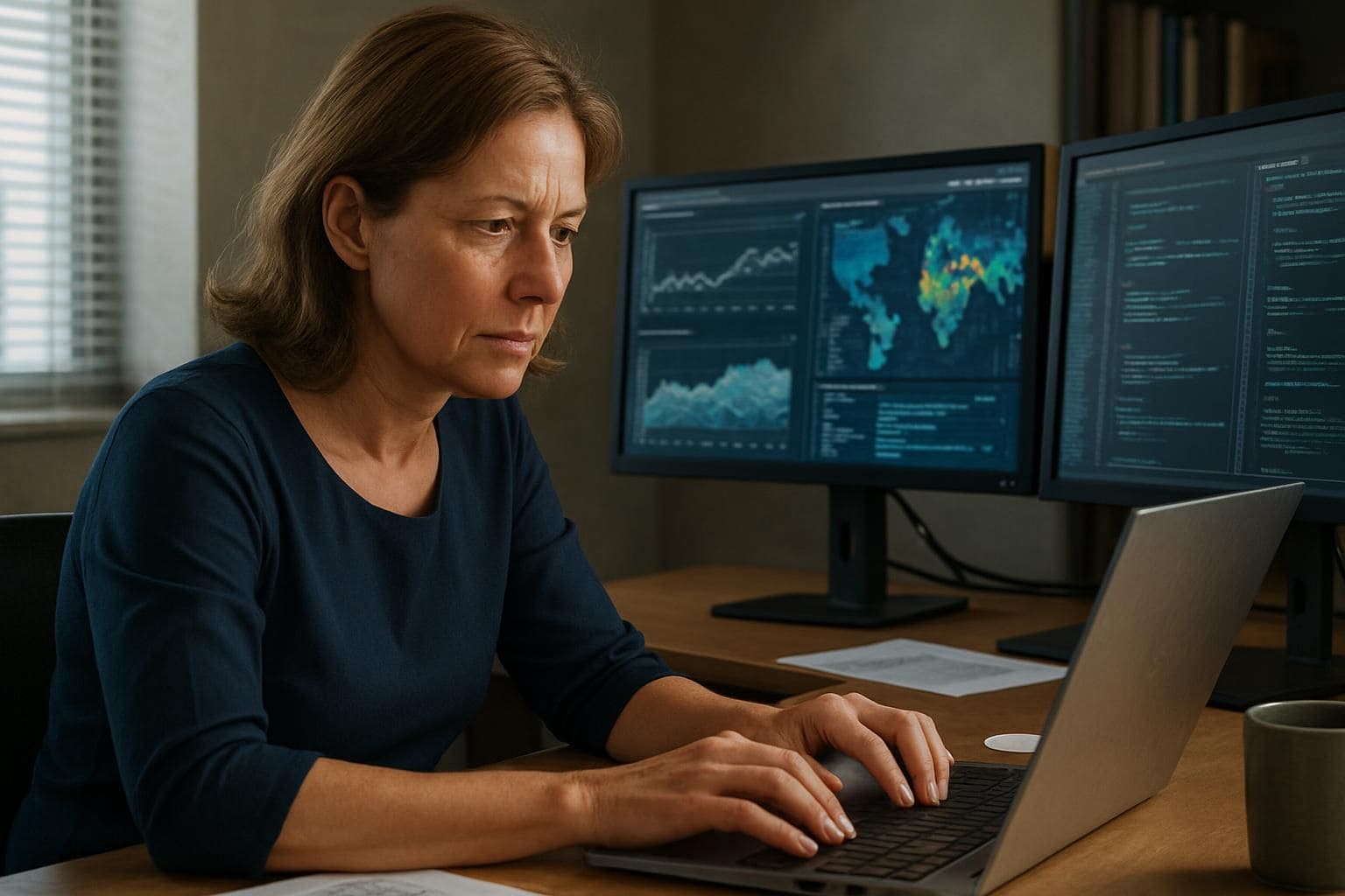 A middle-aged woman sits at her desk, working on multiple computer monitors in a well-organized office. A middle-aged woman sits at her desk, working on multiple computer monitors in a well-organized office.