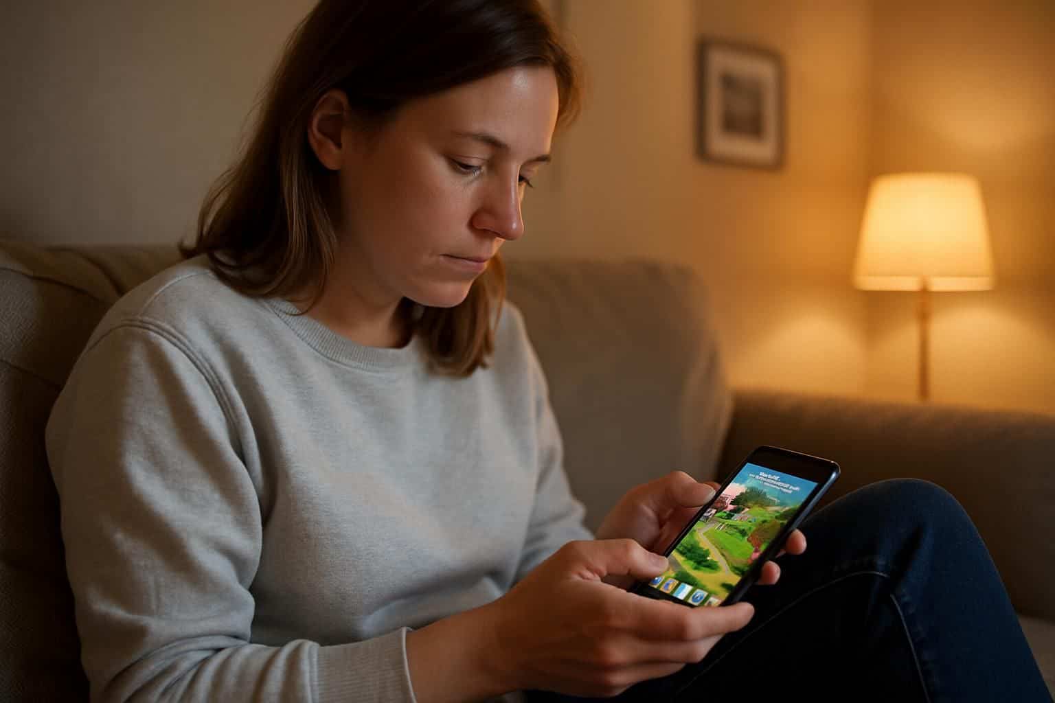 A woman in her 30s sits on a couch, playing Rival Stars Horse Racing on her smartphone. A woman in her 30s sits on a couch, playing Rival Stars Horse Racing on her smartphone.