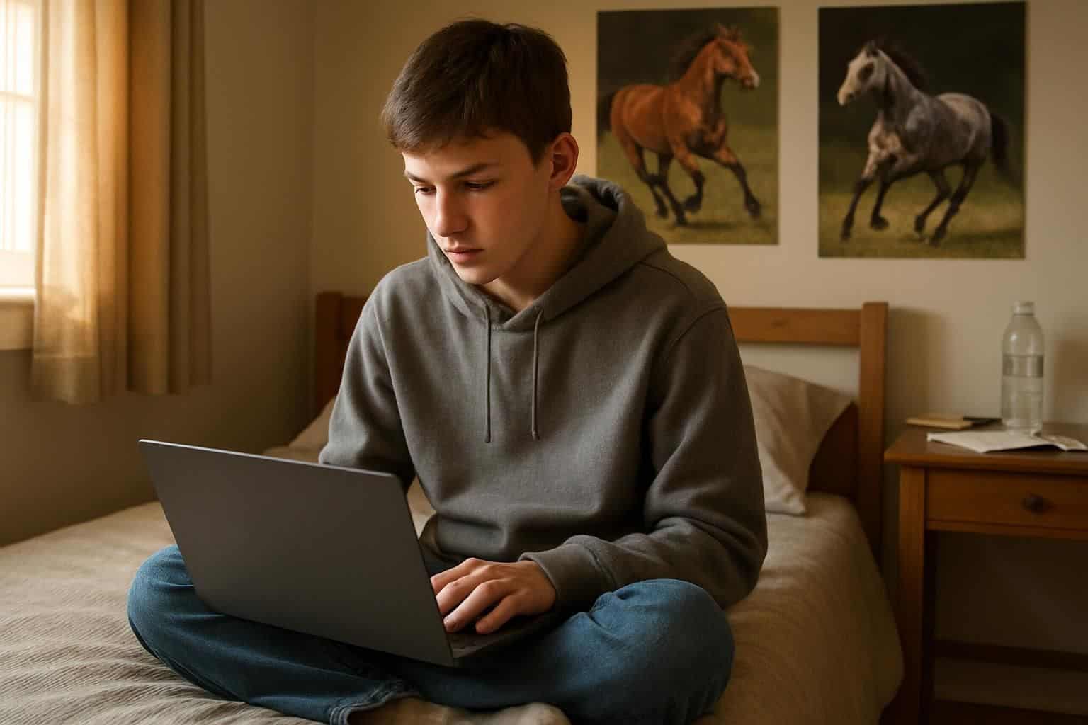A teenage boy sits on his bed, working on a laptop in a tidy bedroom with horse posters on the wall. A teenage boy sits on his bed, working on a laptop in a tidy bedroom with horse posters on the wall.