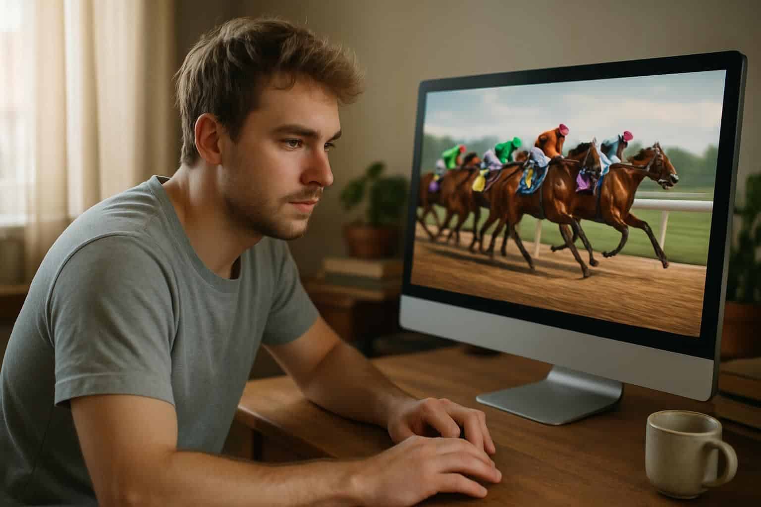 A focused young man plays a horse racing game on a modern computer monitor at a wooden desk. A focused young man plays a horse racing game on a modern computer monitor at a wooden desk.