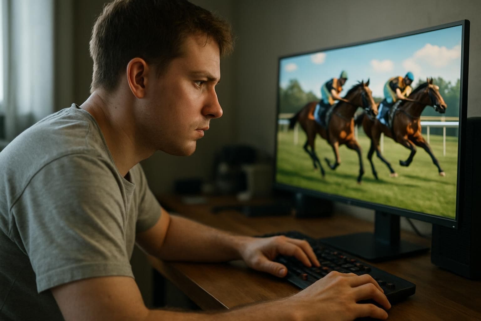 A young adult man focuses intently on a virtual horse racing game on a high-resolution monitor. A young adult man focuses intently on a virtual horse racing game on a high-resolution monitor.