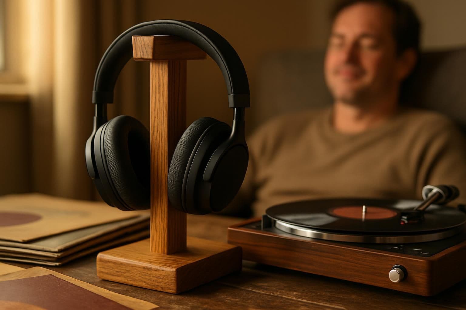 A pair of matte black wireless headphones rest on a polished oak stand surrounded by vinyl records and a vintage record player in a warmly lit room. A pair of matte black wireless headphones rest on a polished oak stand surrounded by vinyl records and a vintage record player in a warmly lit room.